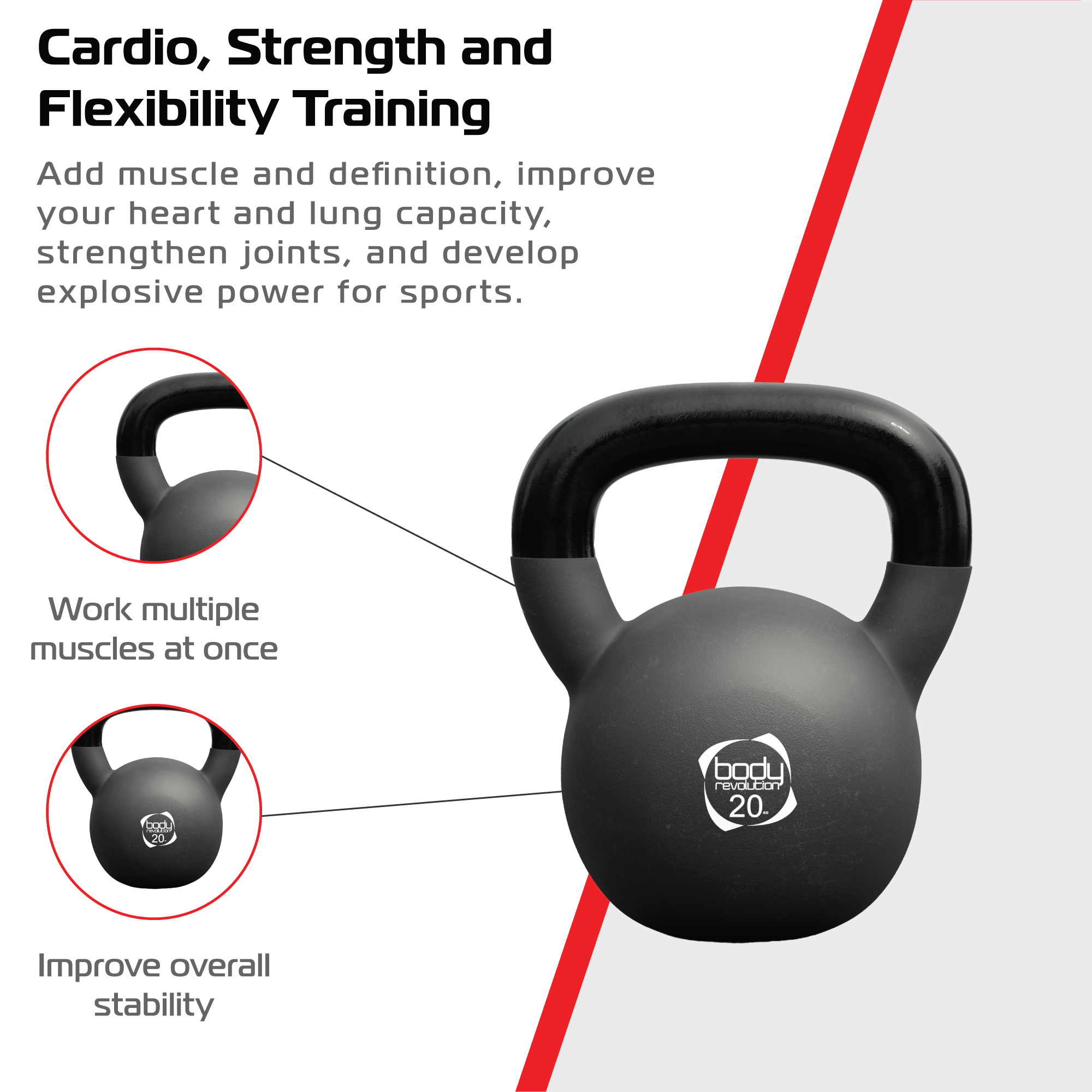 Kettlebell negra de 20 kg con texto sobre entrenamiento y beneficios.