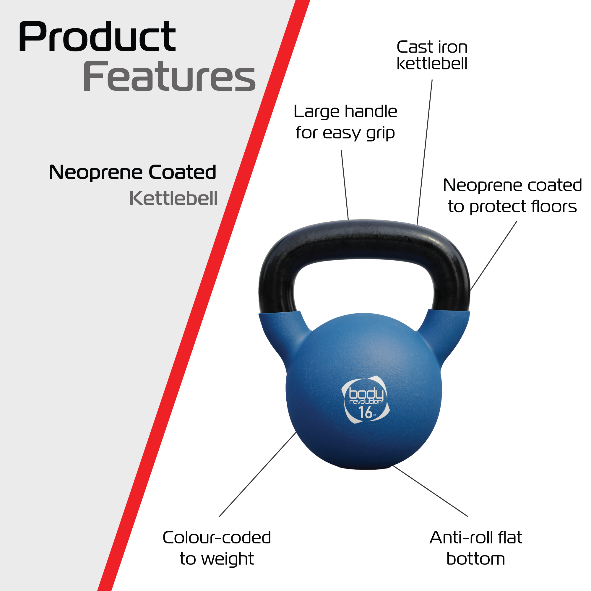 Pesa rusa azul con asa negra, 16kg, para fitness.