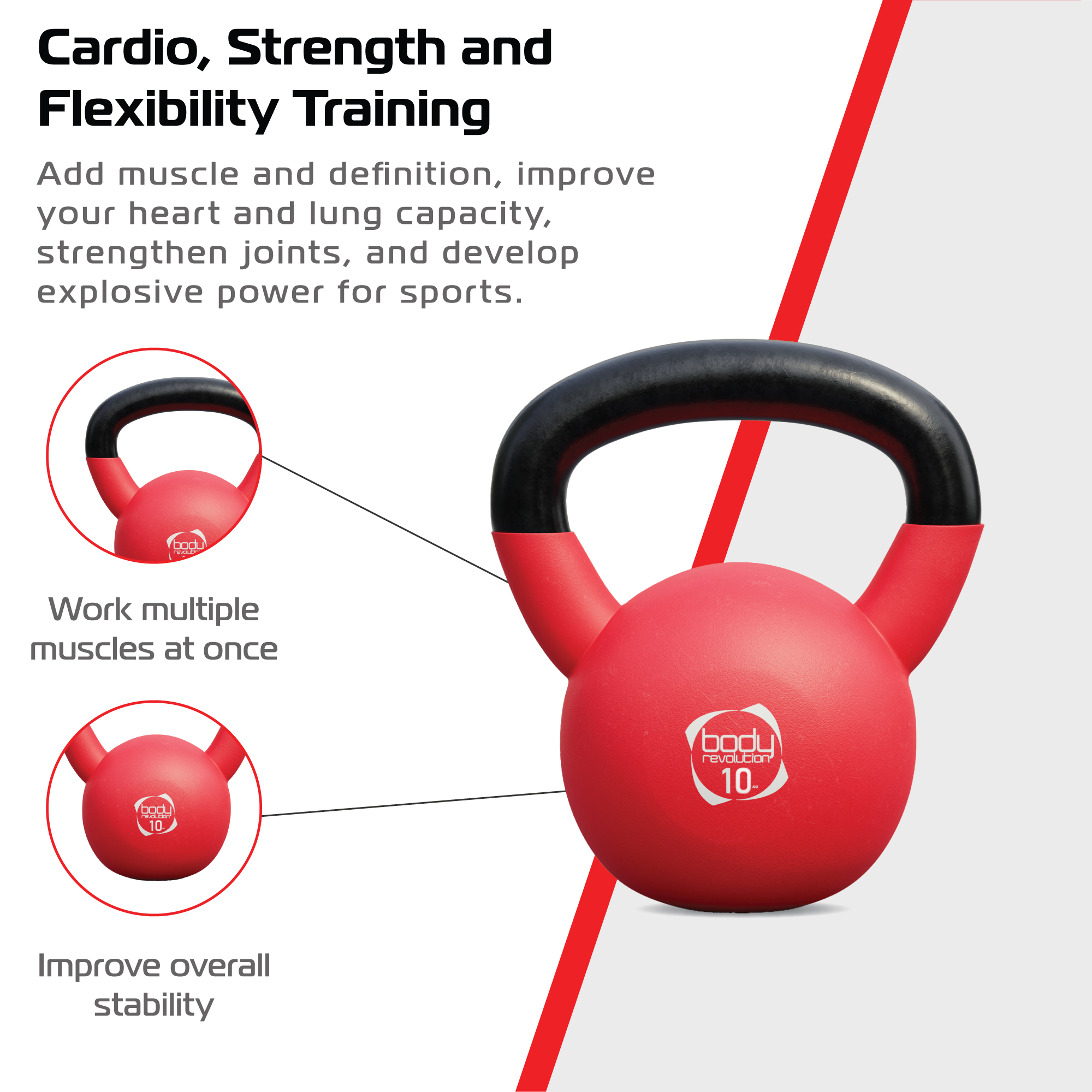 Mancuerna rusa roja con asa negra, 10 kg, para cardio, fuerza y flexibilidad.