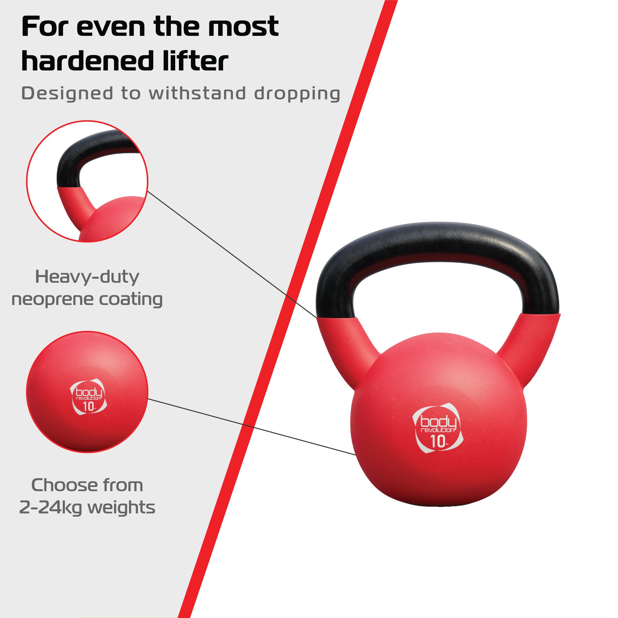 Kettlebell roja con mango negro, marca de 10kg, revestimiento de neopreno.
