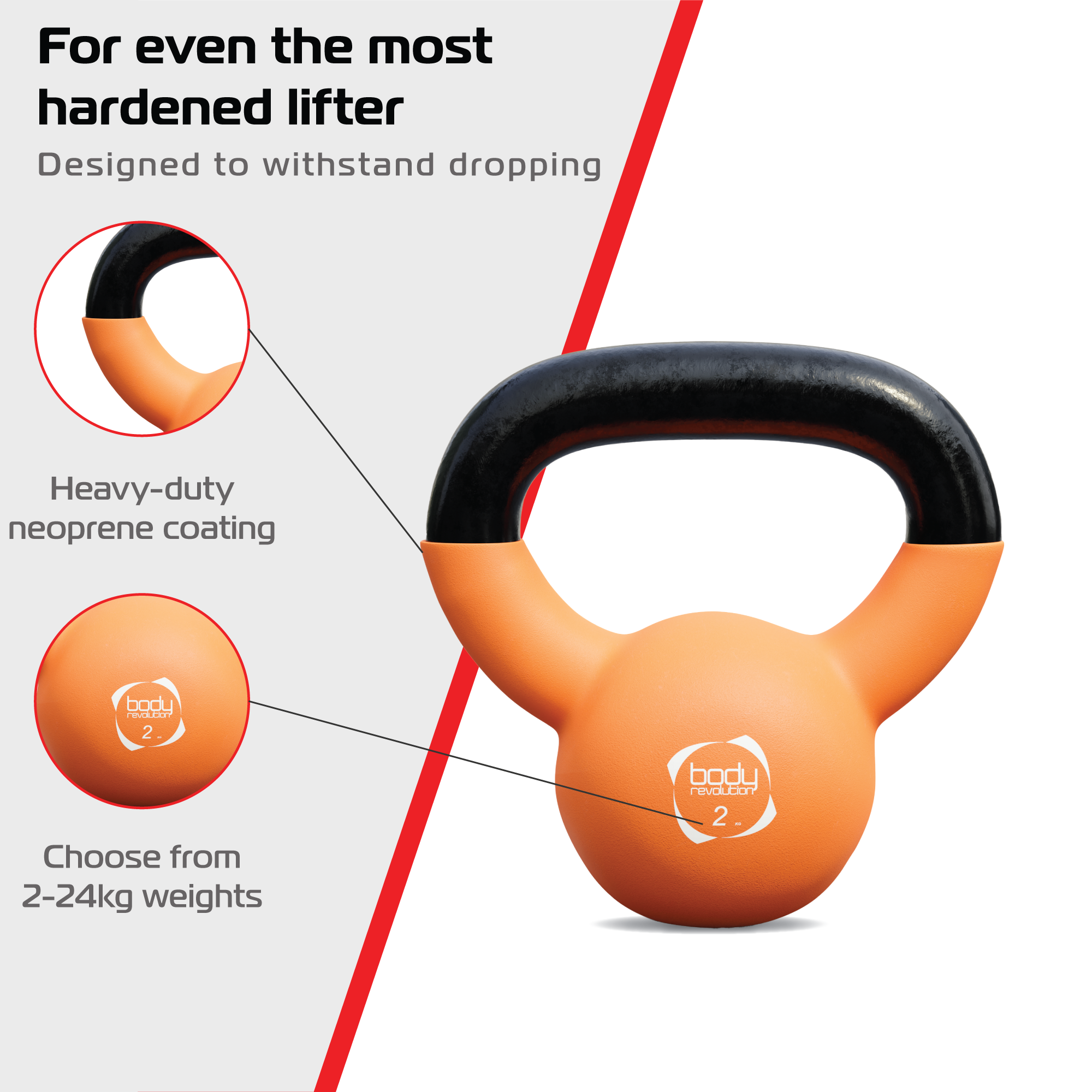 Pesa rusa naranja con asa negra, 2kg, para entrenamiento de fuerza.
