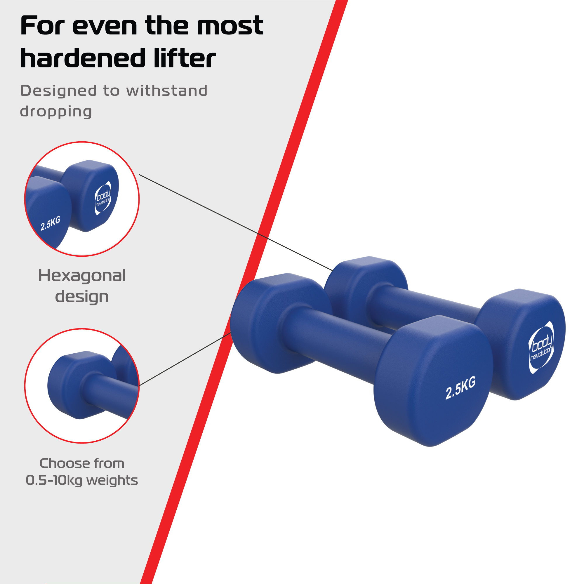 Dos mancuernas azules con 2,5 kg y el logo de Body Revolution.