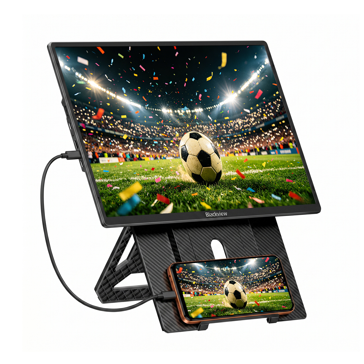Ein tragbarer Monitor und ein Smartphone zeigen ein Fußballspiel mit Konfetti.