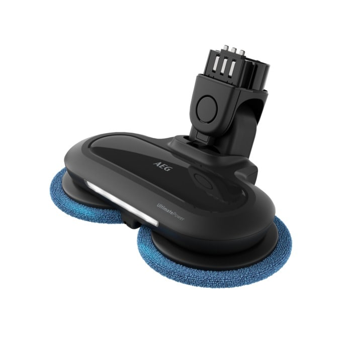 Fregadora de suelo AEG negra con dos almohadillas giratorias azules y puerto de carga.