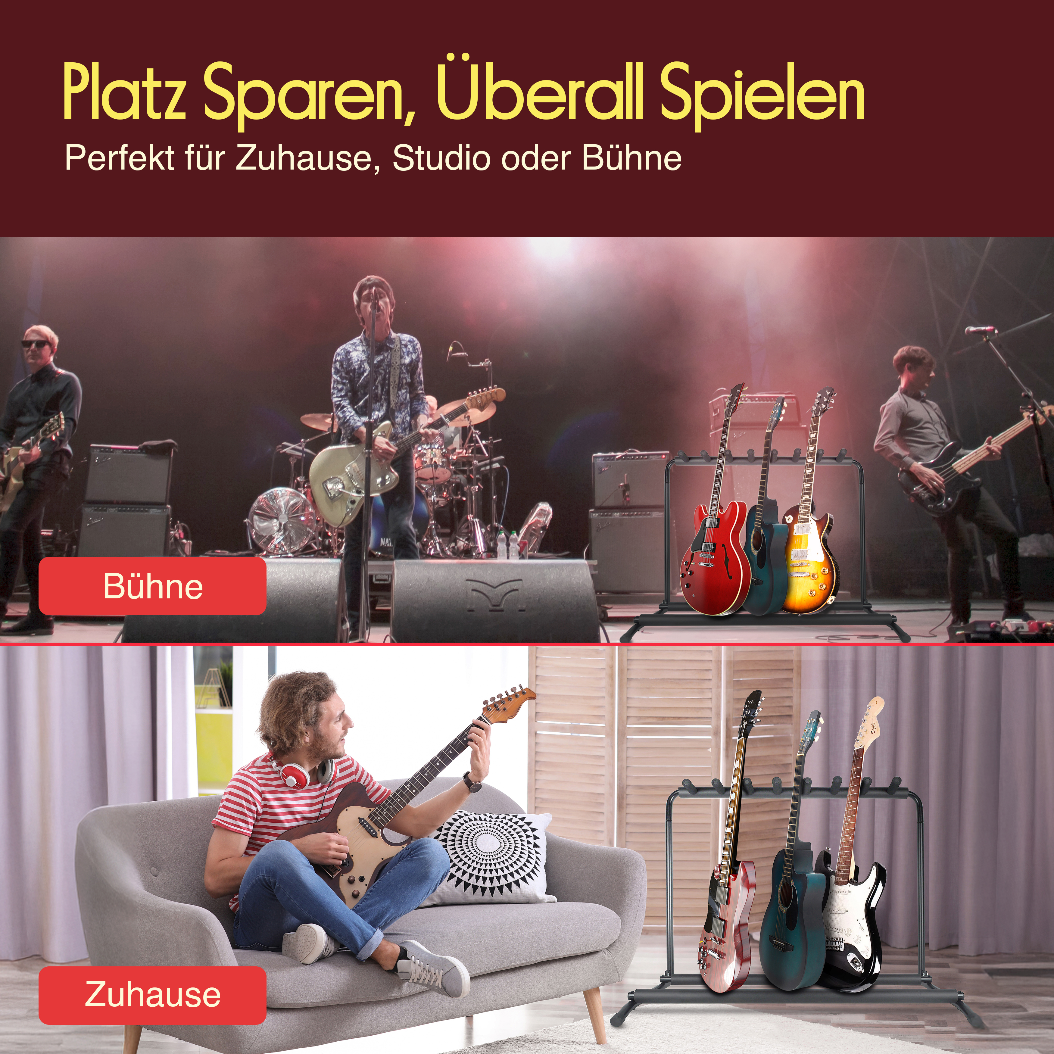 Bühne: Musiker spielen auf einer Bühne. Zuhause: Mann sitzt auf Sofa und spielt Gitarre.