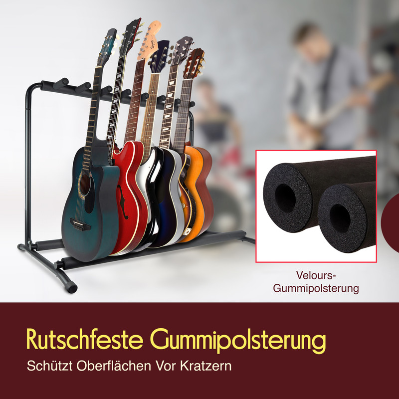 Sechs Gitarren auf einem Ständer, zwei Schaumstoffrollen rechts.