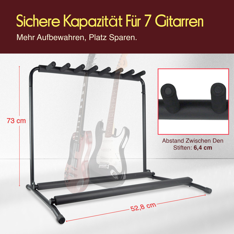 Ein schwarzer Gitarrenständer für 7 Gitarren mit Maßen 73x52,8 cm.