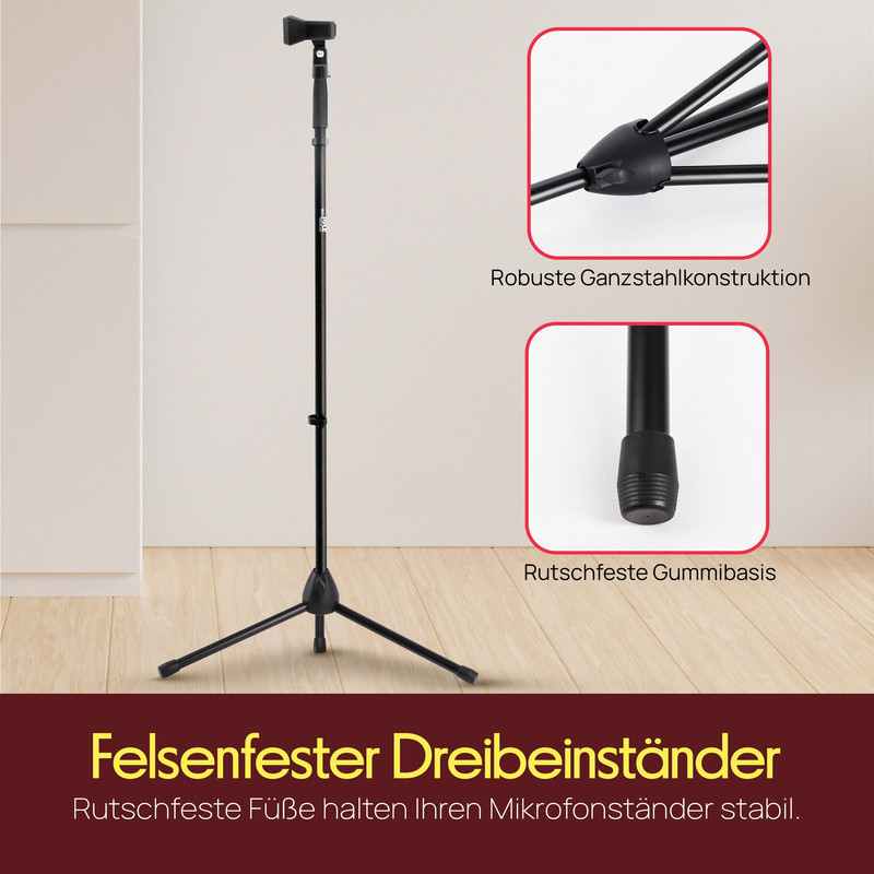 Ein schwarzer Mikrofonständer mit drei Beinen und Gummifüßen.