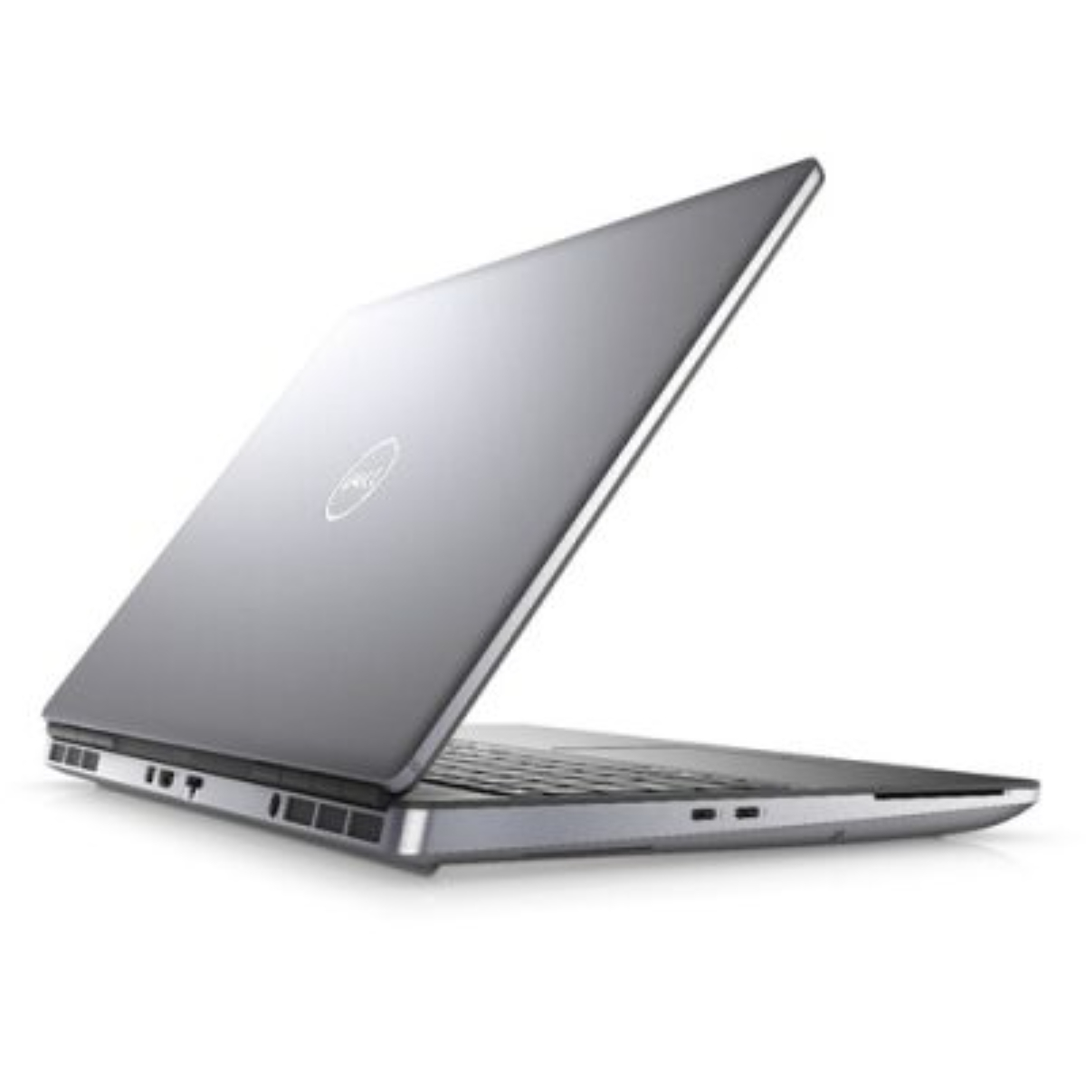 Un laptop Dell argentato aperto con logo illuminato sul coperchio.