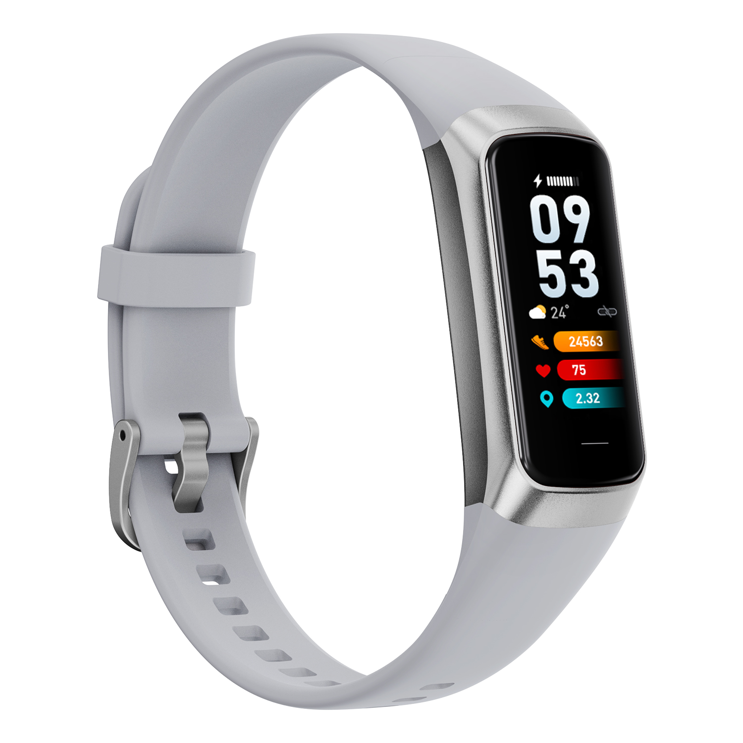 Graues Fitnessarmband mit silbernem Gehäuse und farbigem Display.