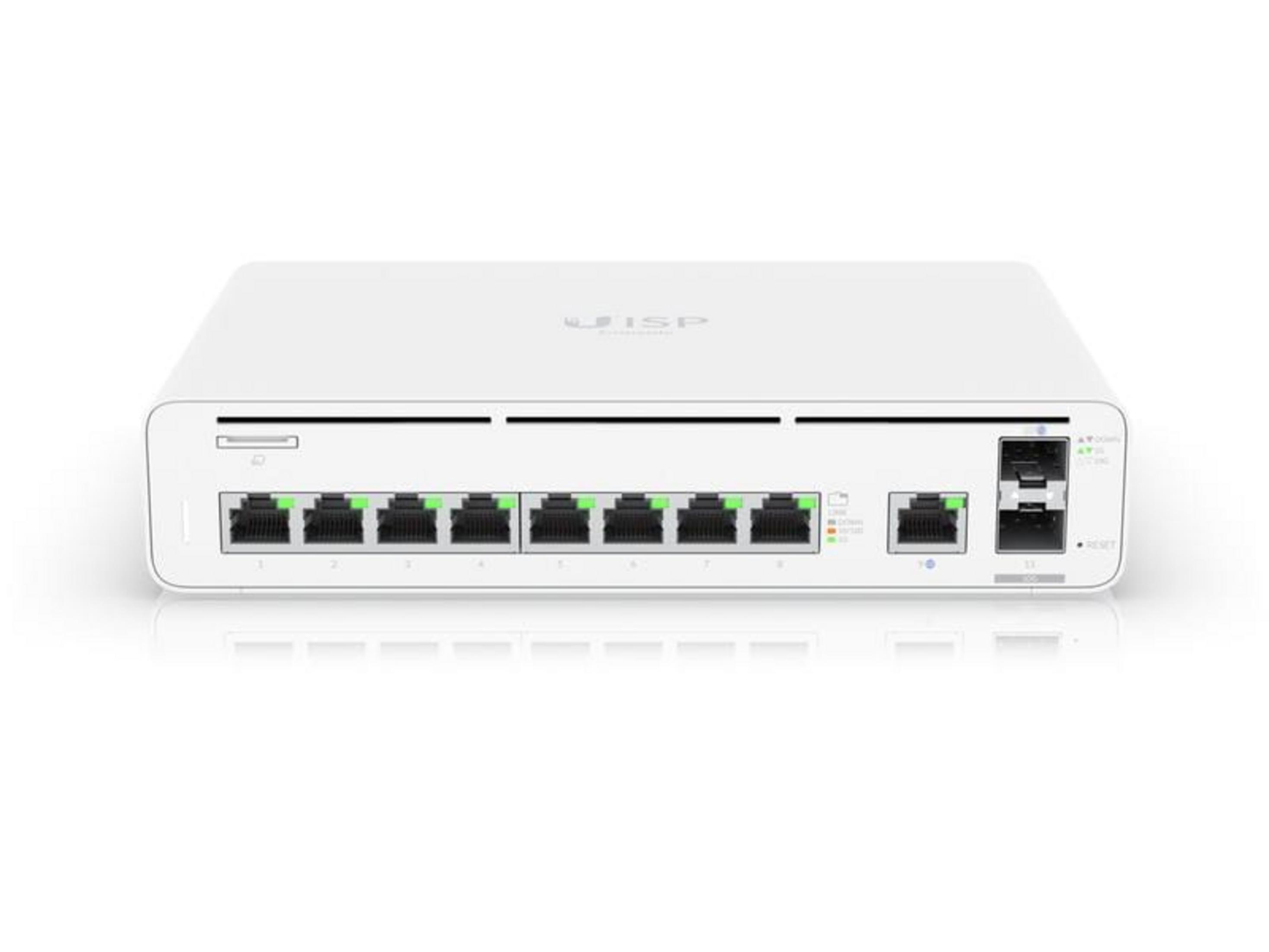 Uno switch di rete bianco con 8 porte Ethernet e una porta SFP.