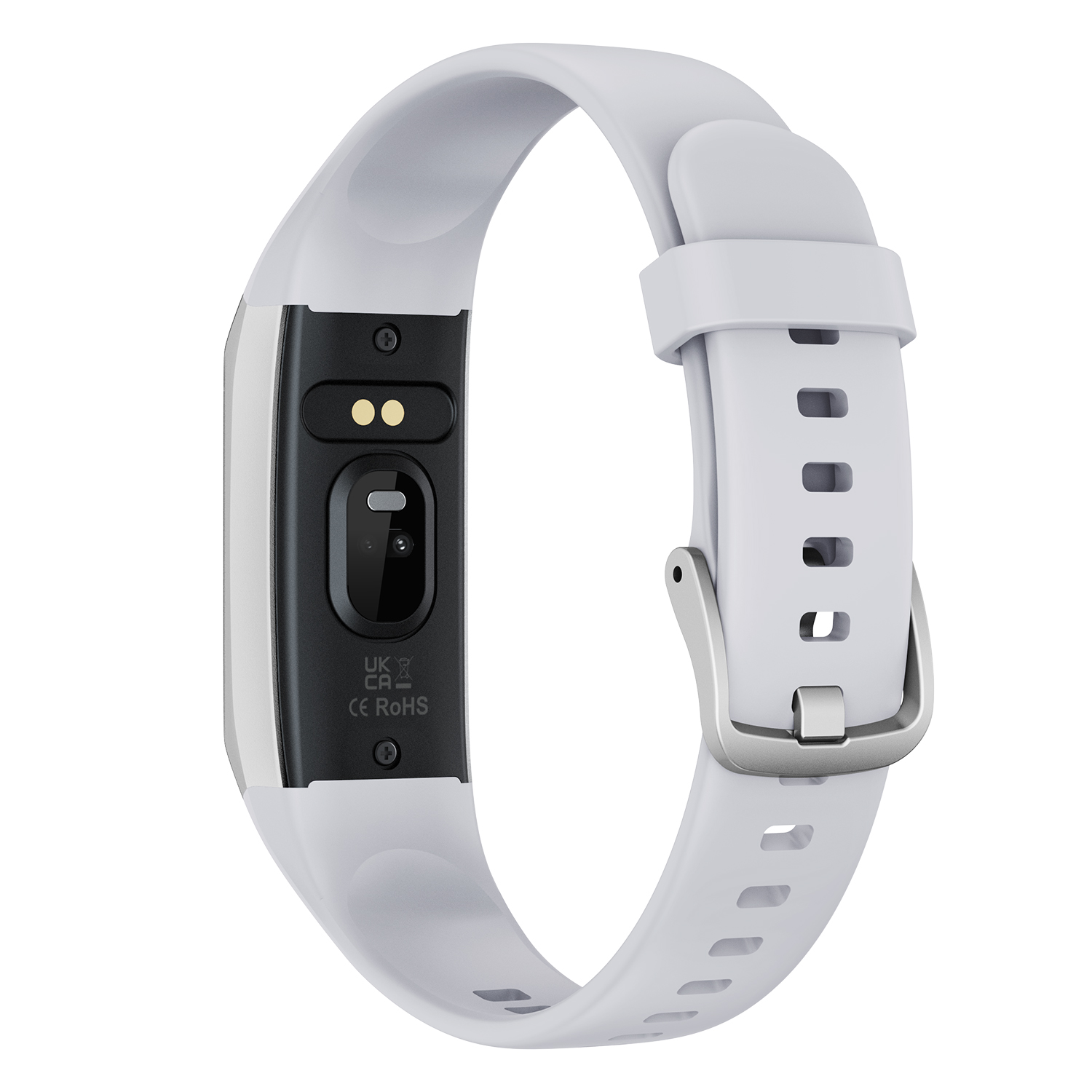 Graues Fitnessarmband mit Metallschnalle und Ladekontakten auf der Rückseite.