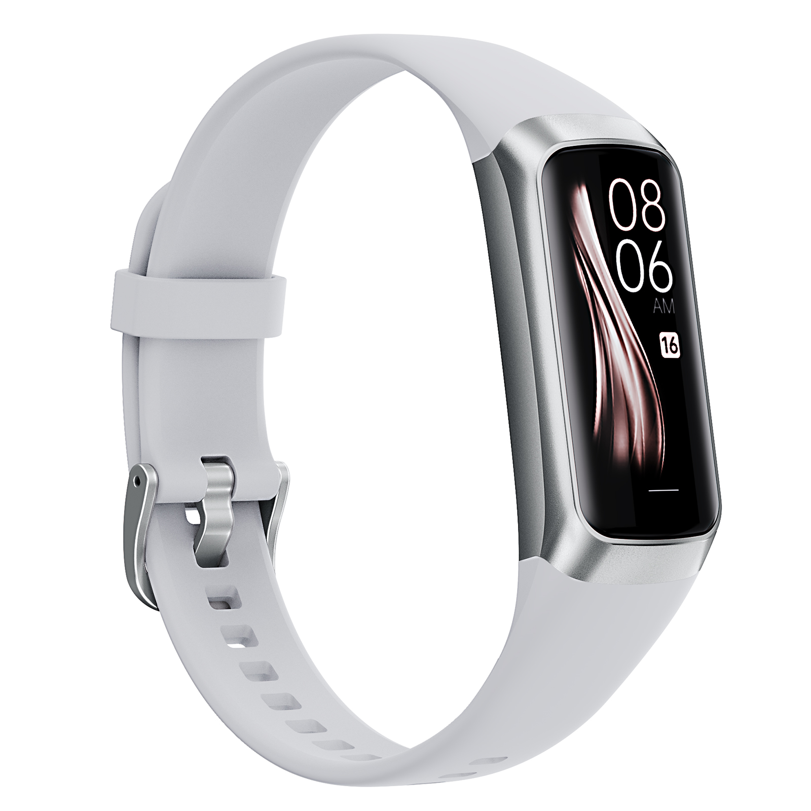 Ein graues Fitnessarmband mit silbernem Gehäuse und schwarzem Display, das 08:06 Uhr anzeigt.
