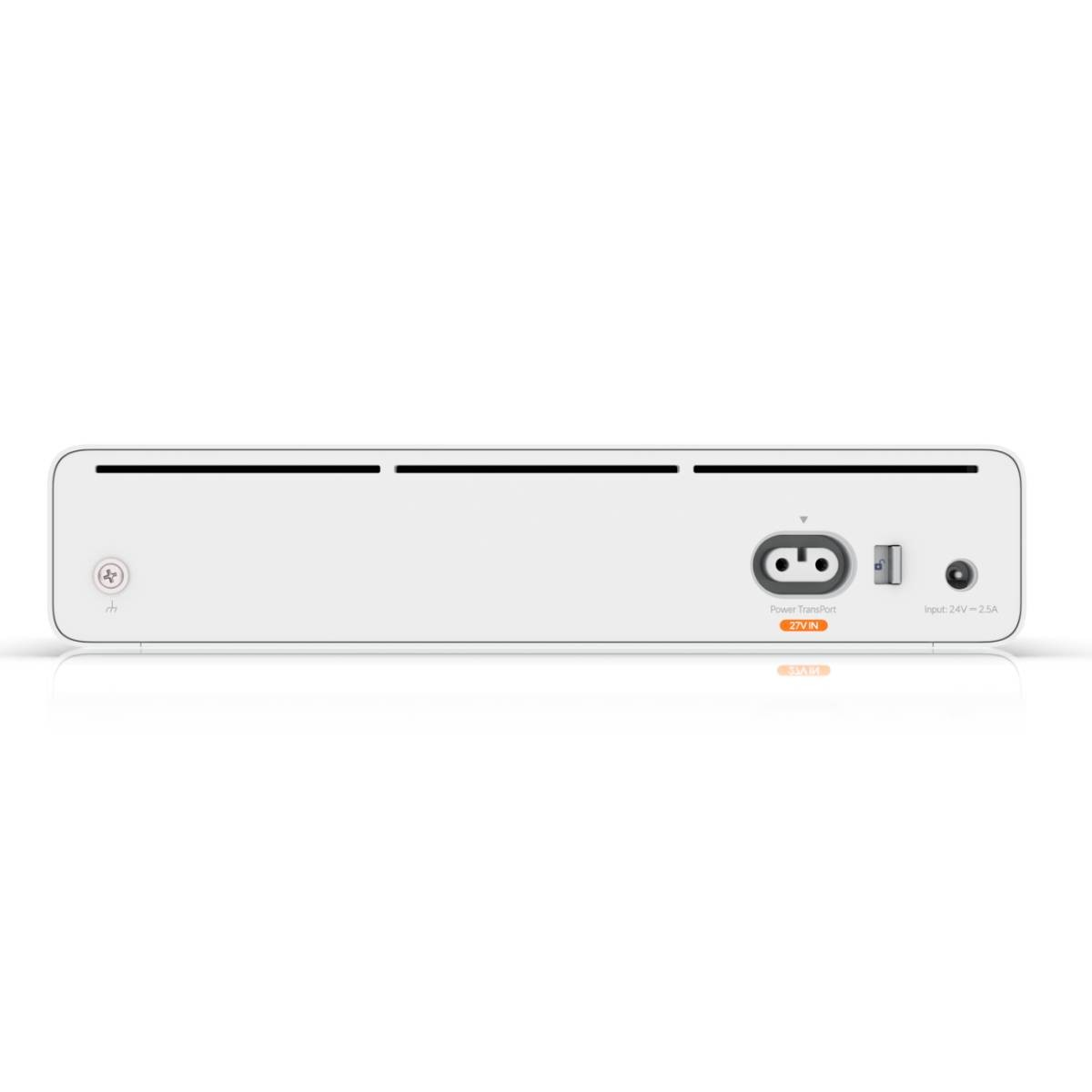 Scatola bianca con porte: alimentazione, USB-C e ingresso CC.