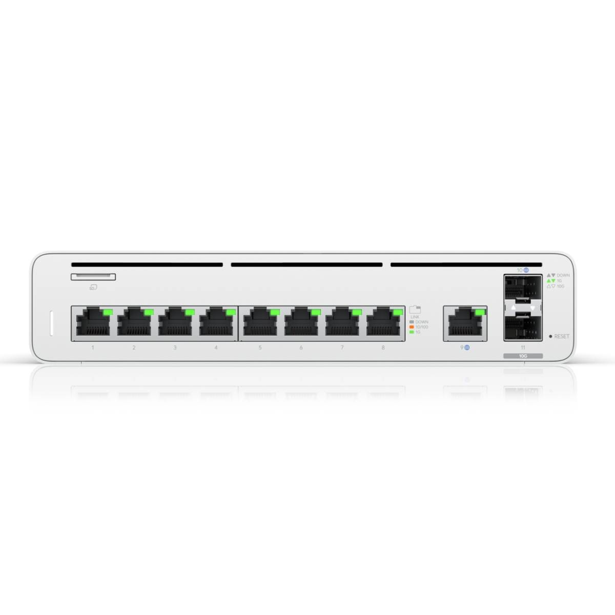 Uno switch di rete bianco con otto porte Ethernet e due porte SFP+.