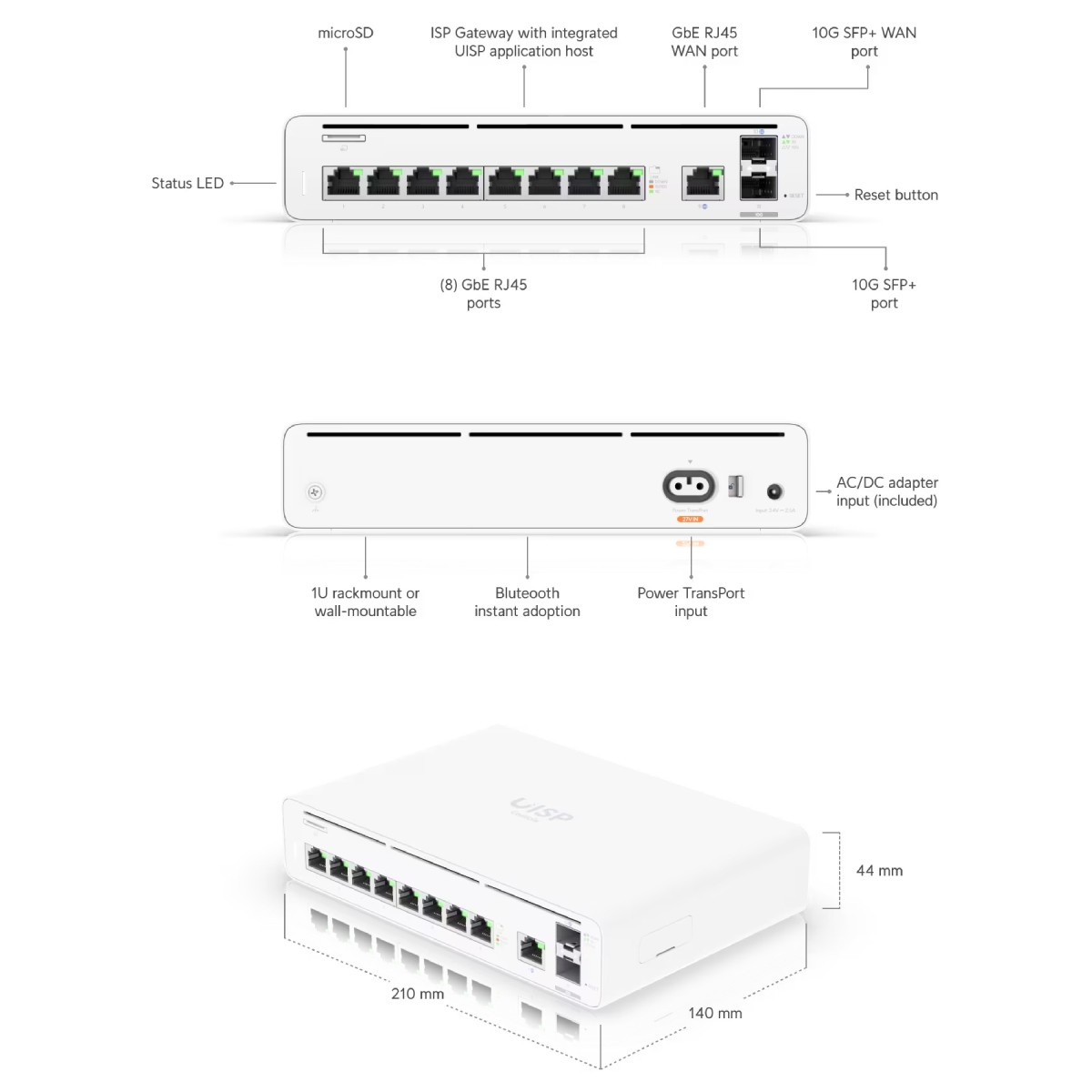Un dispositivo di rete bianco con 8 porte RJ45, 2 porte SFP+ e LED di stato.
