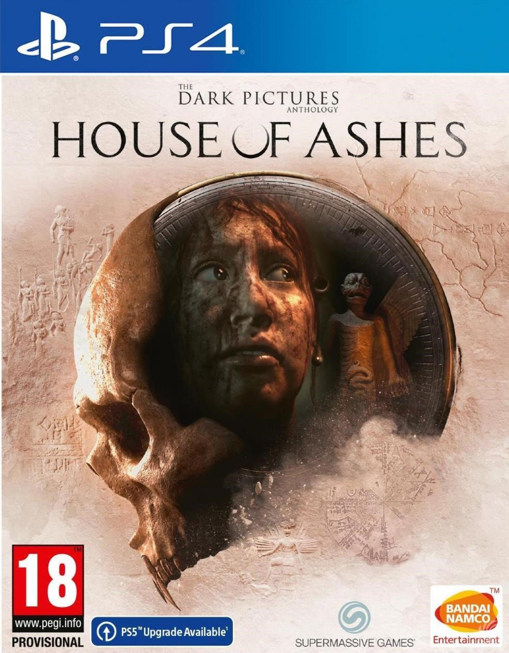 Okładka gry PS4: The Dark Pictures House of Ashes. Czaszka, twarz kobiety i uskrzydlona istota.