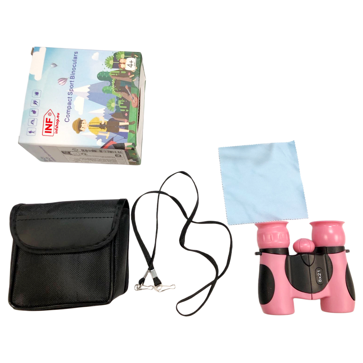 Verpackung, schwarze Tasche, Lanyard und rosa Fernglas auf weißem Hintergrund.