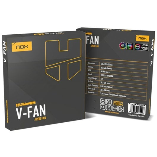 Dos cajas de ventilador NOX V-FAN ARGB, una con especificaciones, ambas con logo.