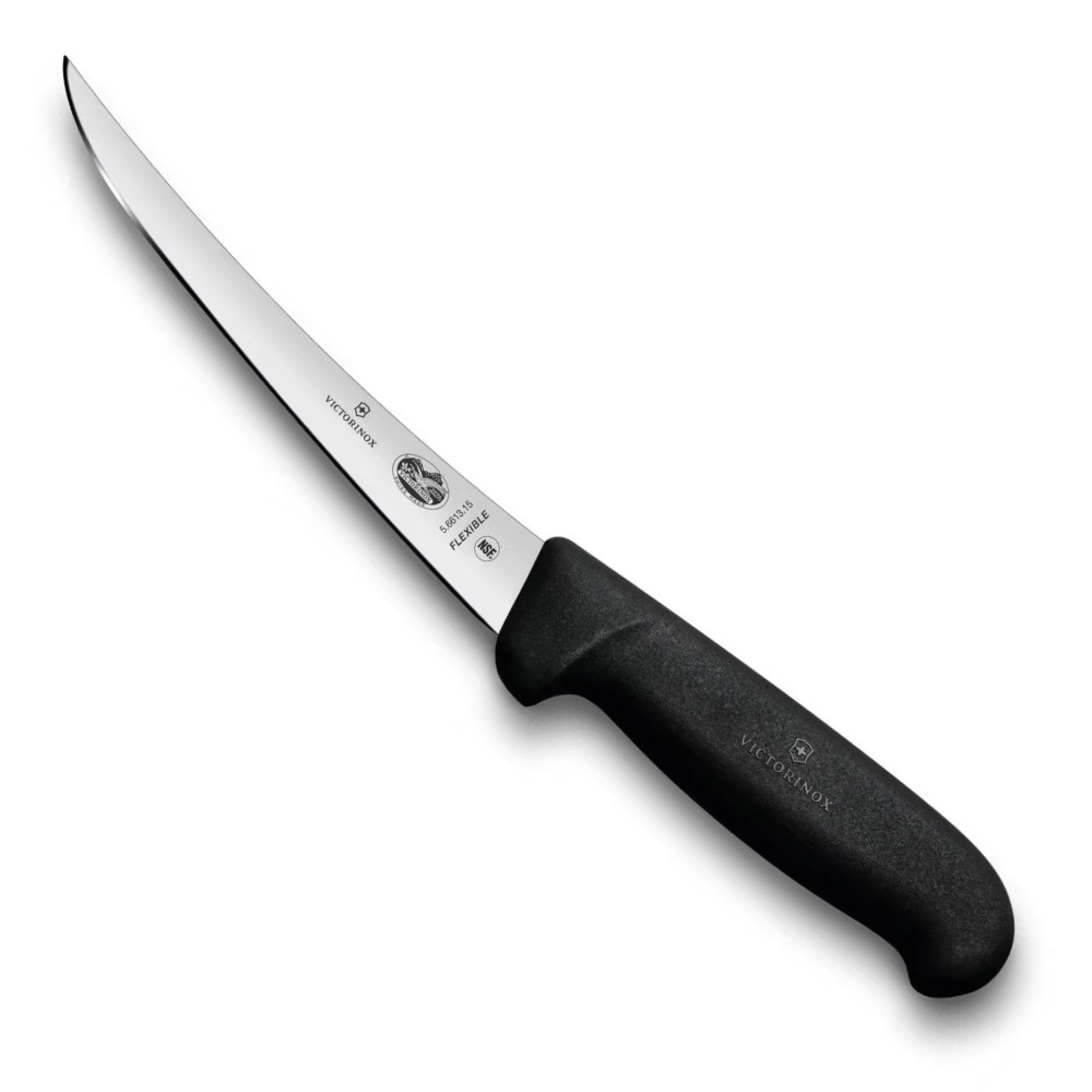 Siyah saplı, uzun ve ince bıçaklı esnek Victorinox bıçağı.