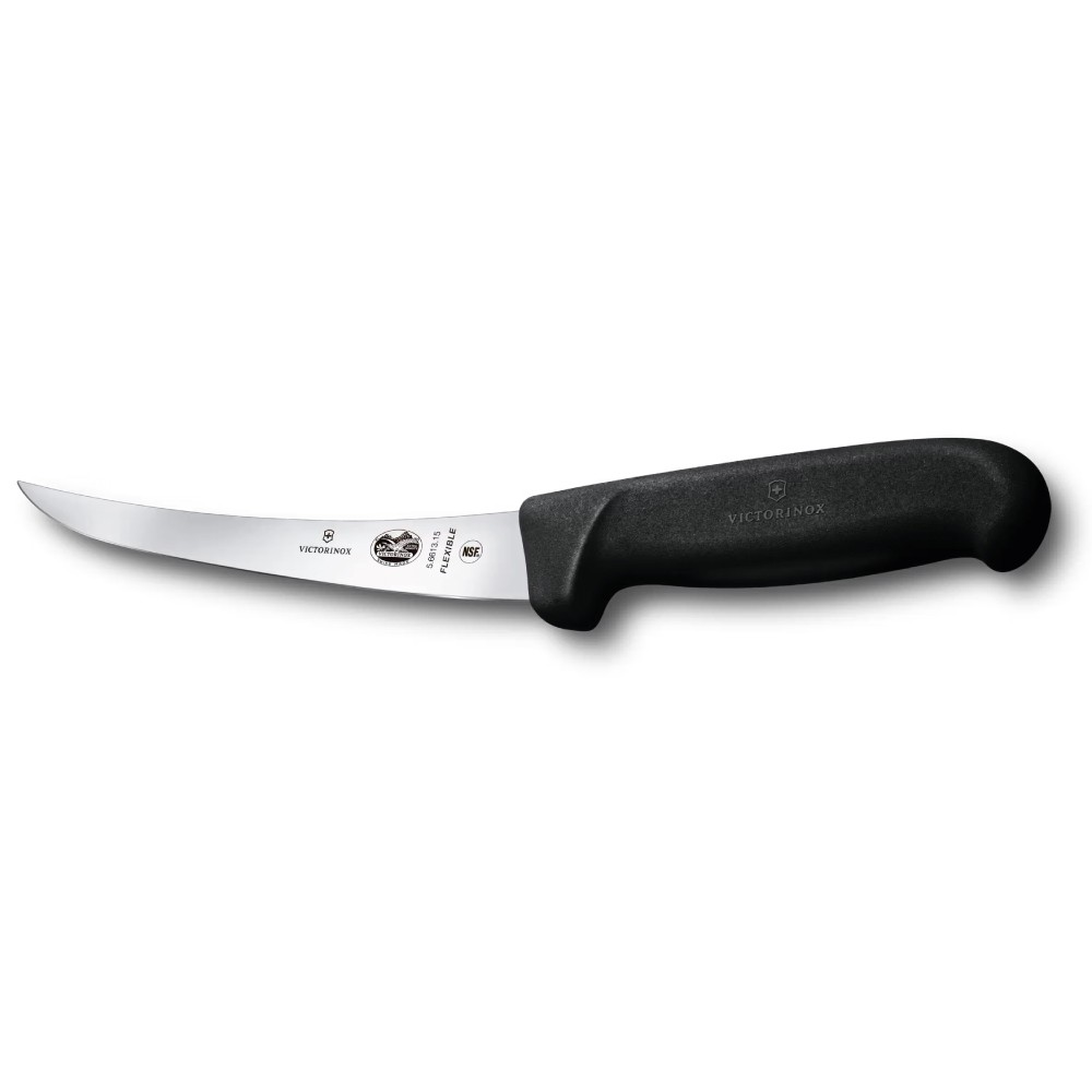 Siyah saplı ve gümüş bıçaklı, ince, kavisli bir Victorinox bıçağı.
