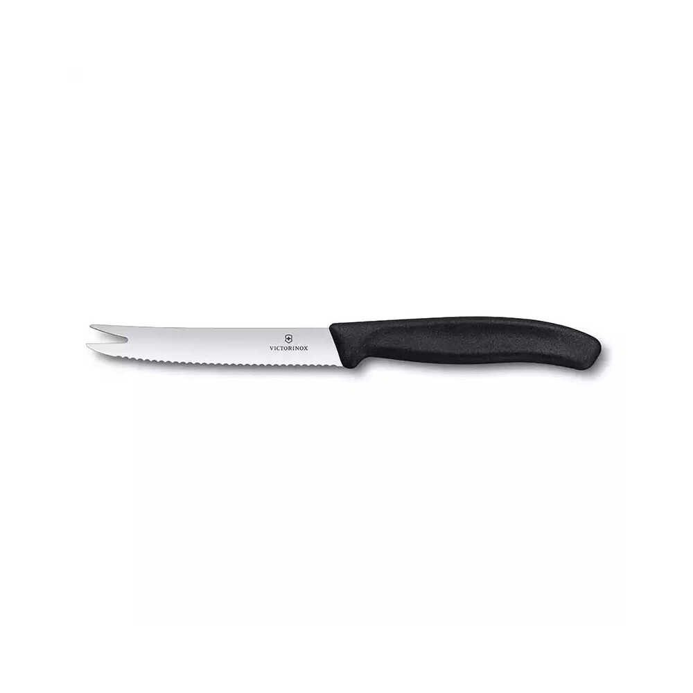 Siyah saplı, tırtıklı bıçaklı bir Victorinox bıçağı.