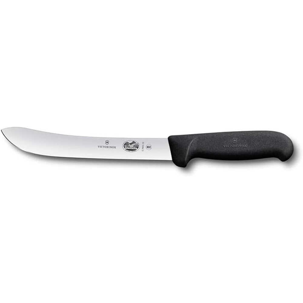 Siyah saplı, kavisli bıçaklı bir Victorinox bıçağı beyaz arka planda.