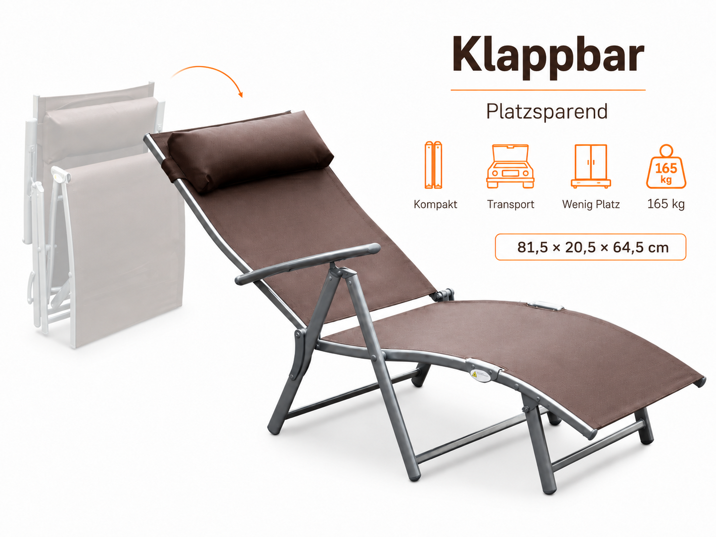 Ein brauner Liegestuhl, zusammenklappbar und platzsparend, mit Kissen. Maße und Gewicht sind angegeben.