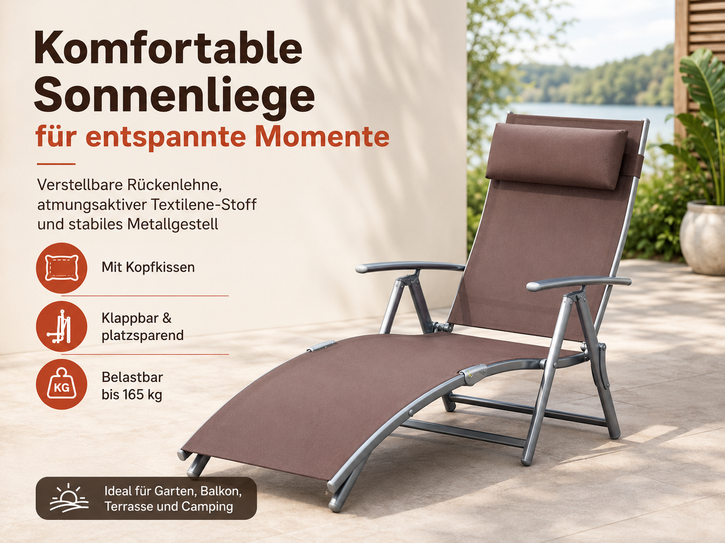 Ein brauner, verstellbarer Liegestuhl mit Kopfstütze auf einer gefliesten Terrasse am Wasser.