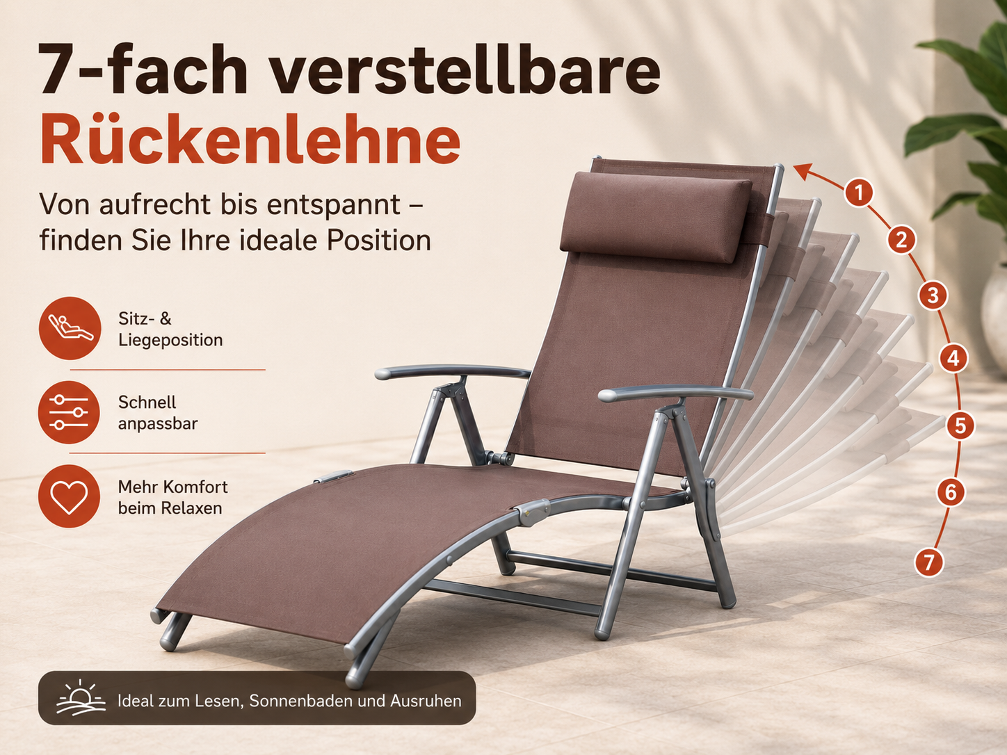 Brauner Liegestuhl mit 7fach verstellbarer Rückenlehne auf einer Terrasse.