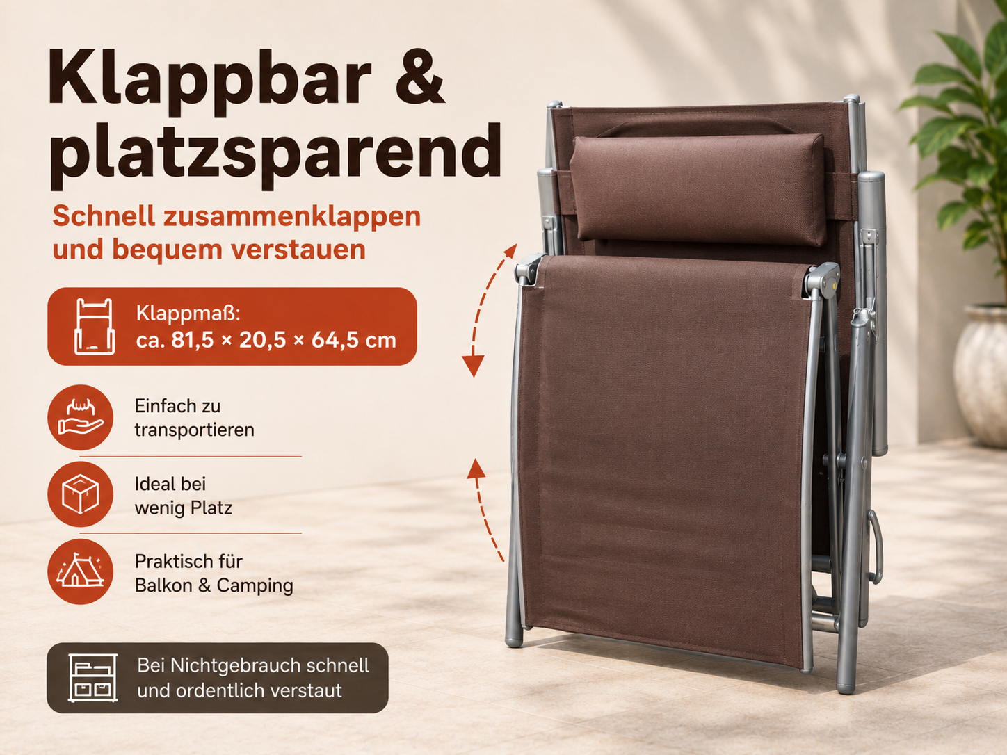 Brauner Klappstuhl mit silbernem Rahmen, zusammengeklappt. Text informiert über Maße.