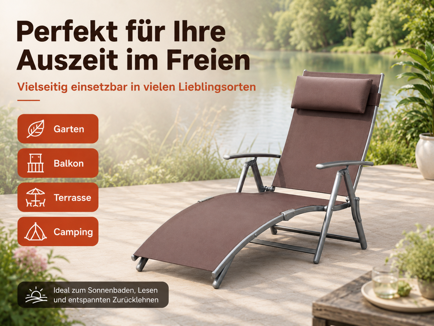 Brauner Liegestuhl auf einer Terrasse mit einem See im Hintergrund. Text hebt Auenbereich hervor.