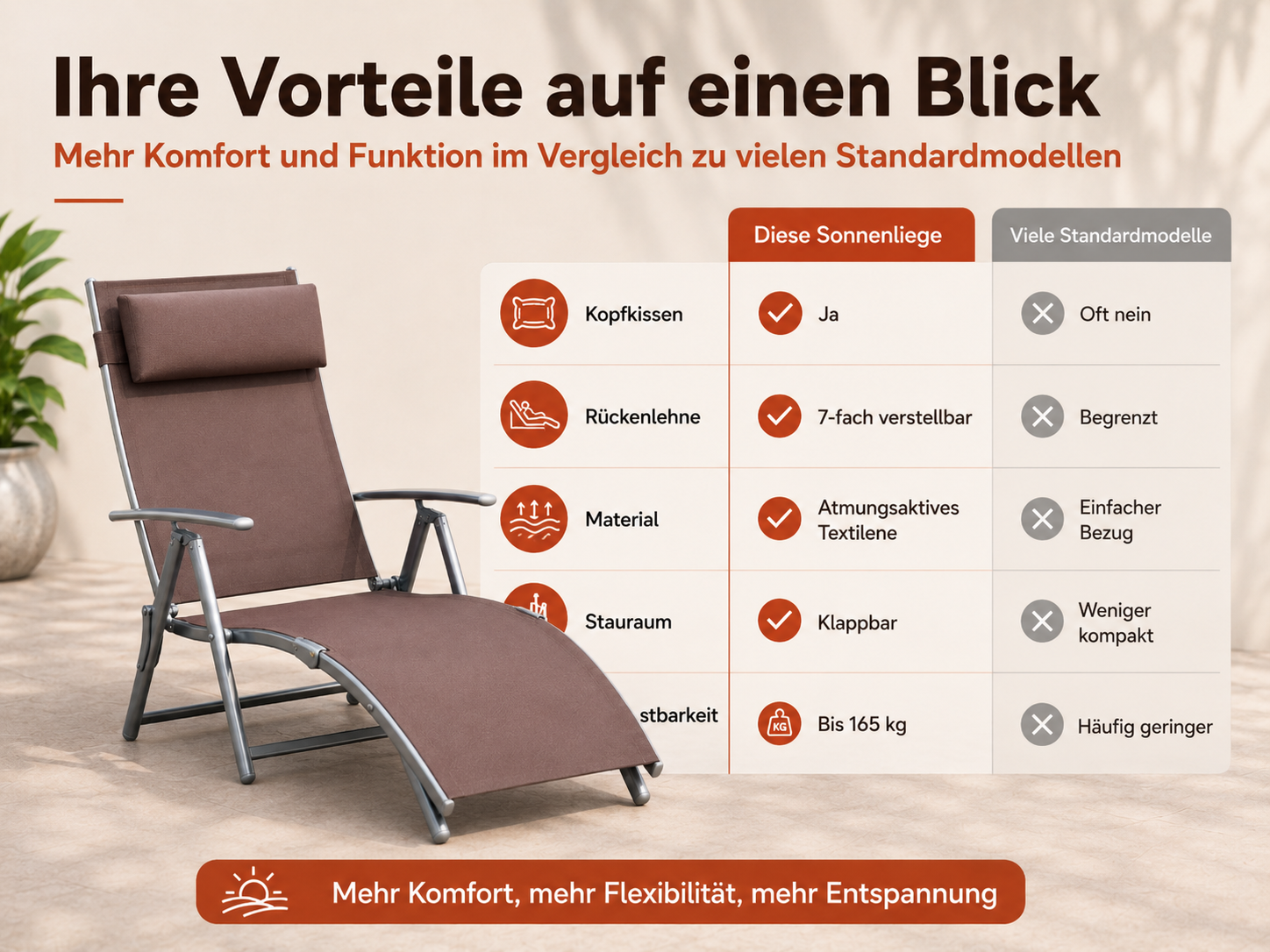 Eine braune Sonnenliege mit Metallrahmen und verstellbarer Rückenlehne daneben eine Vergleichstabelle.