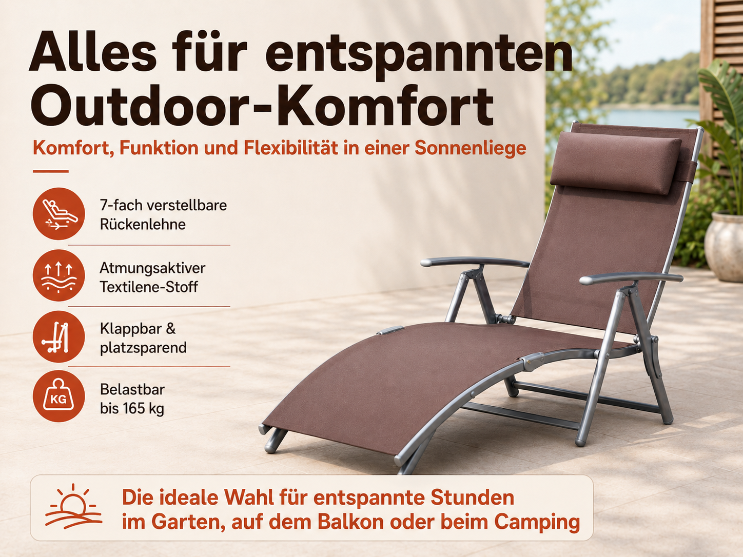 Braune Sonnenliege mit verstellbarer Rückenlehne, Textilene-Stoff, klappbar, bis 165kg belastbar.