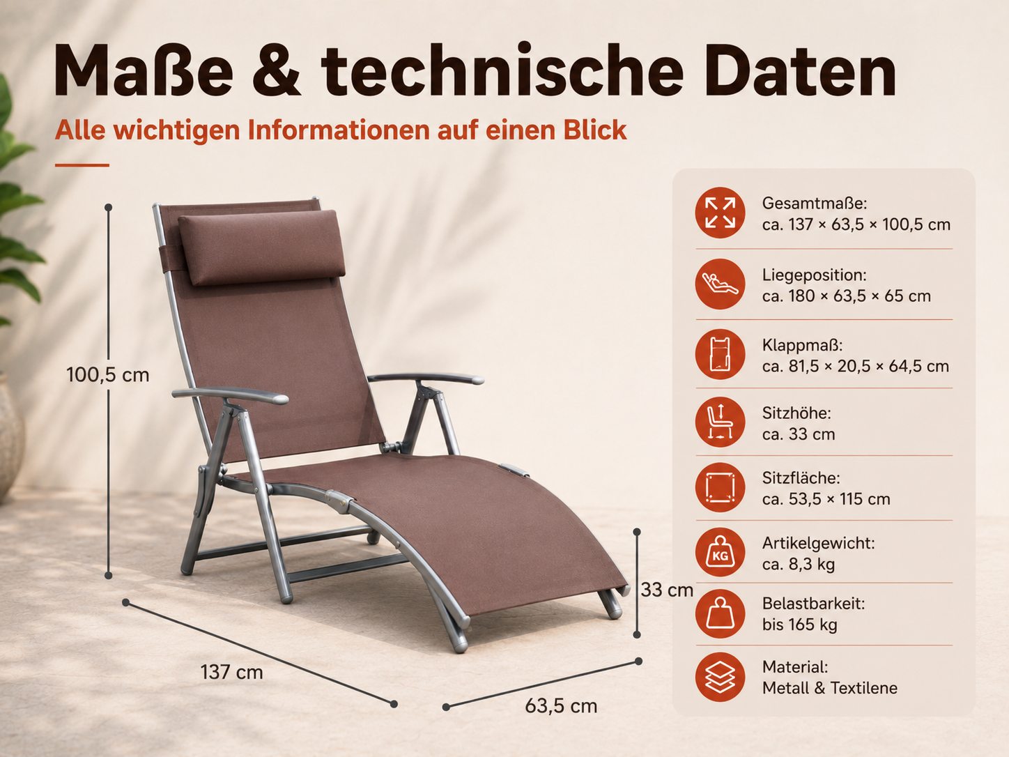 Brauner Liegestuhl mit Metallrahmen, Maße und technische Daten werden angezeigt.