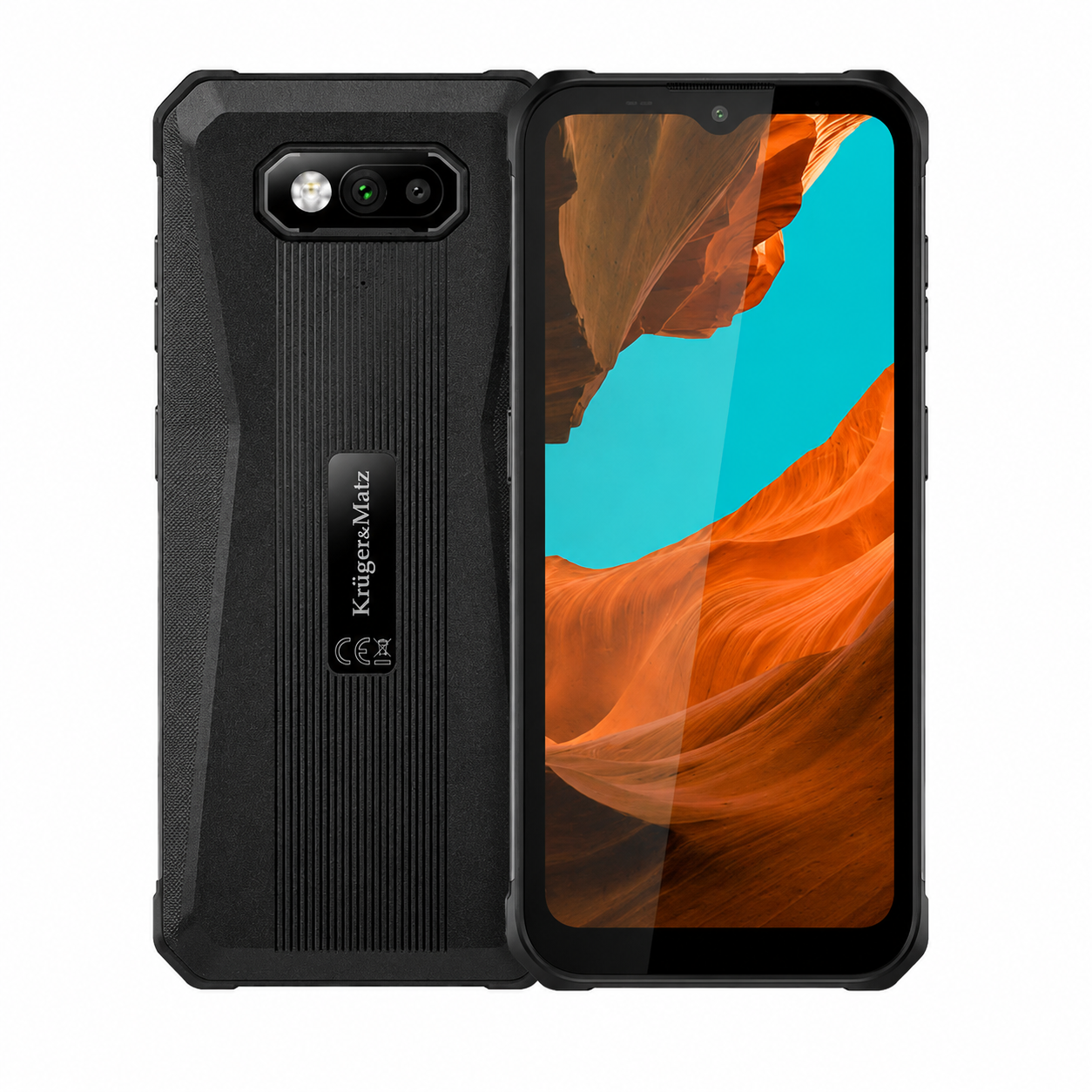 Uno smartphone nero robusto con doppia fotocamera posteriore e logo Krüger&Matz.