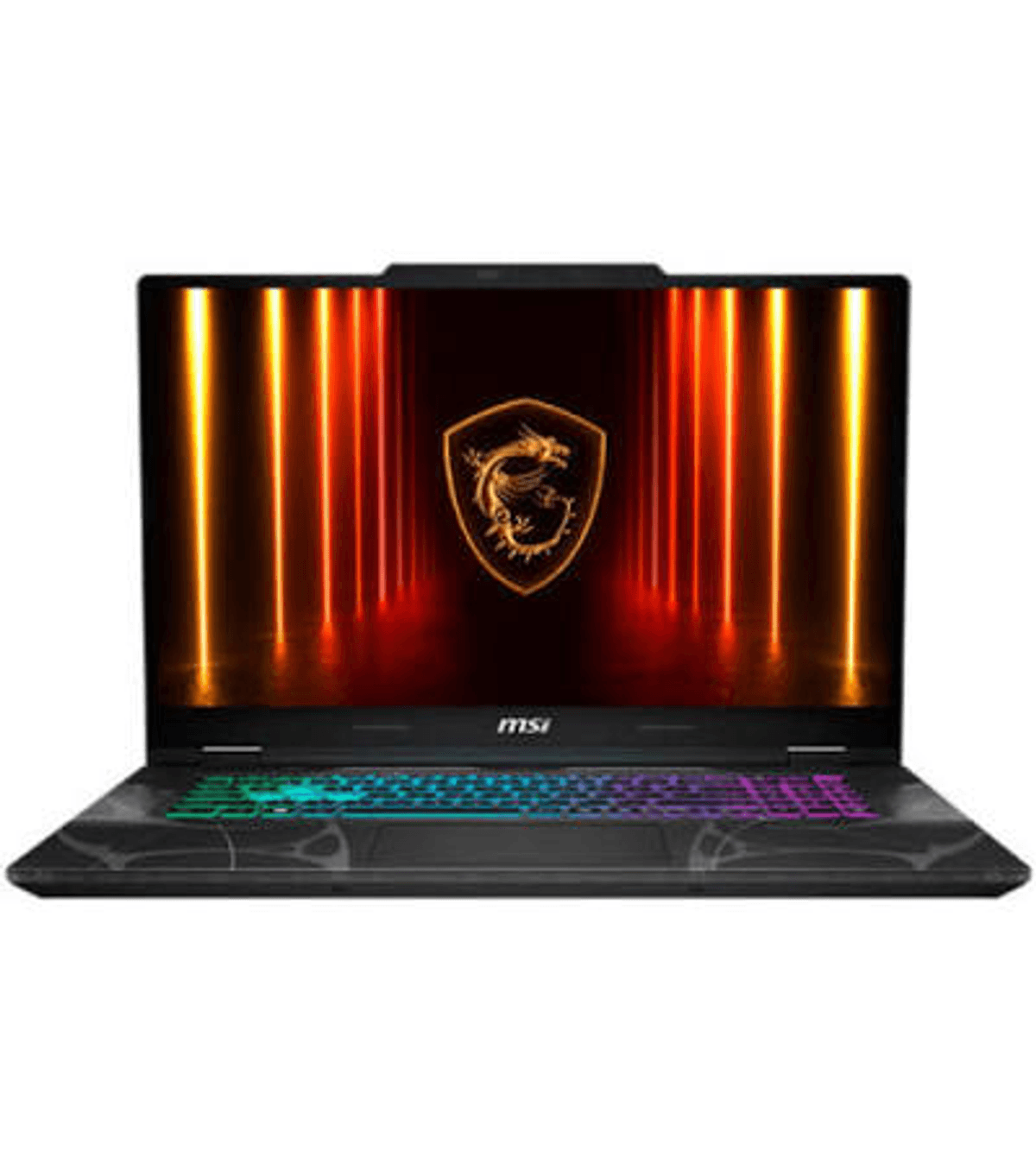 Un portátil MSI negro con teclado retroiluminado y logo de dragón en pantalla.