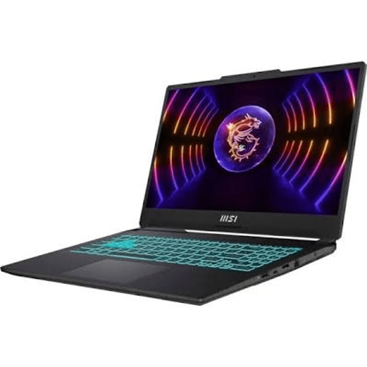 Un portátil MSI negro abierto con teclado retroiluminado y logo de dragón.