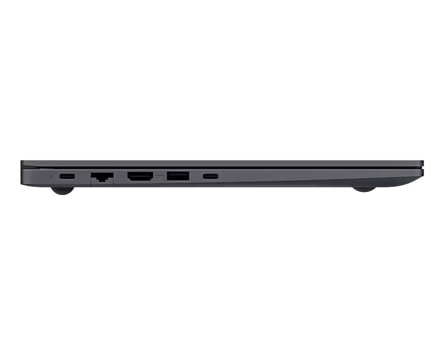 Vista lateral de un portátil oscuro con puertos: USB-C, Ethernet, HDMI, USB-A.