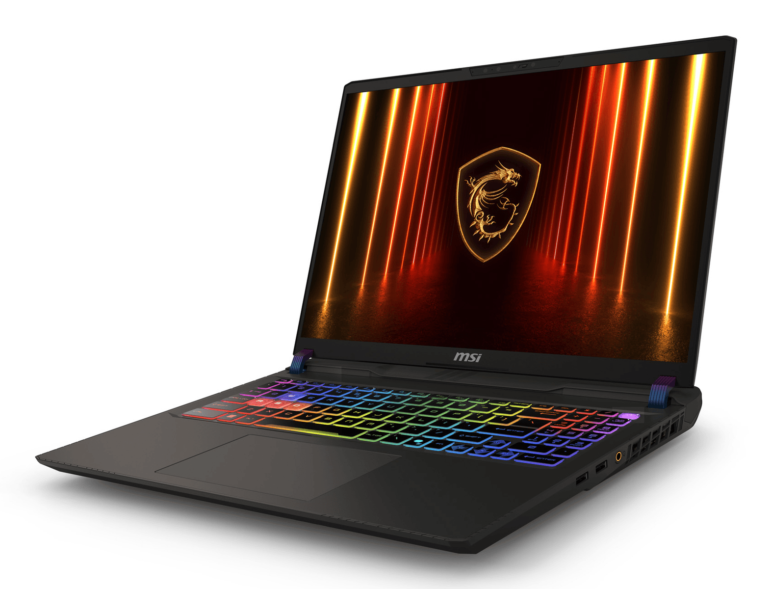Un portátil MSI negro con teclado retroiluminado y logo de dragón dorado en pantalla.