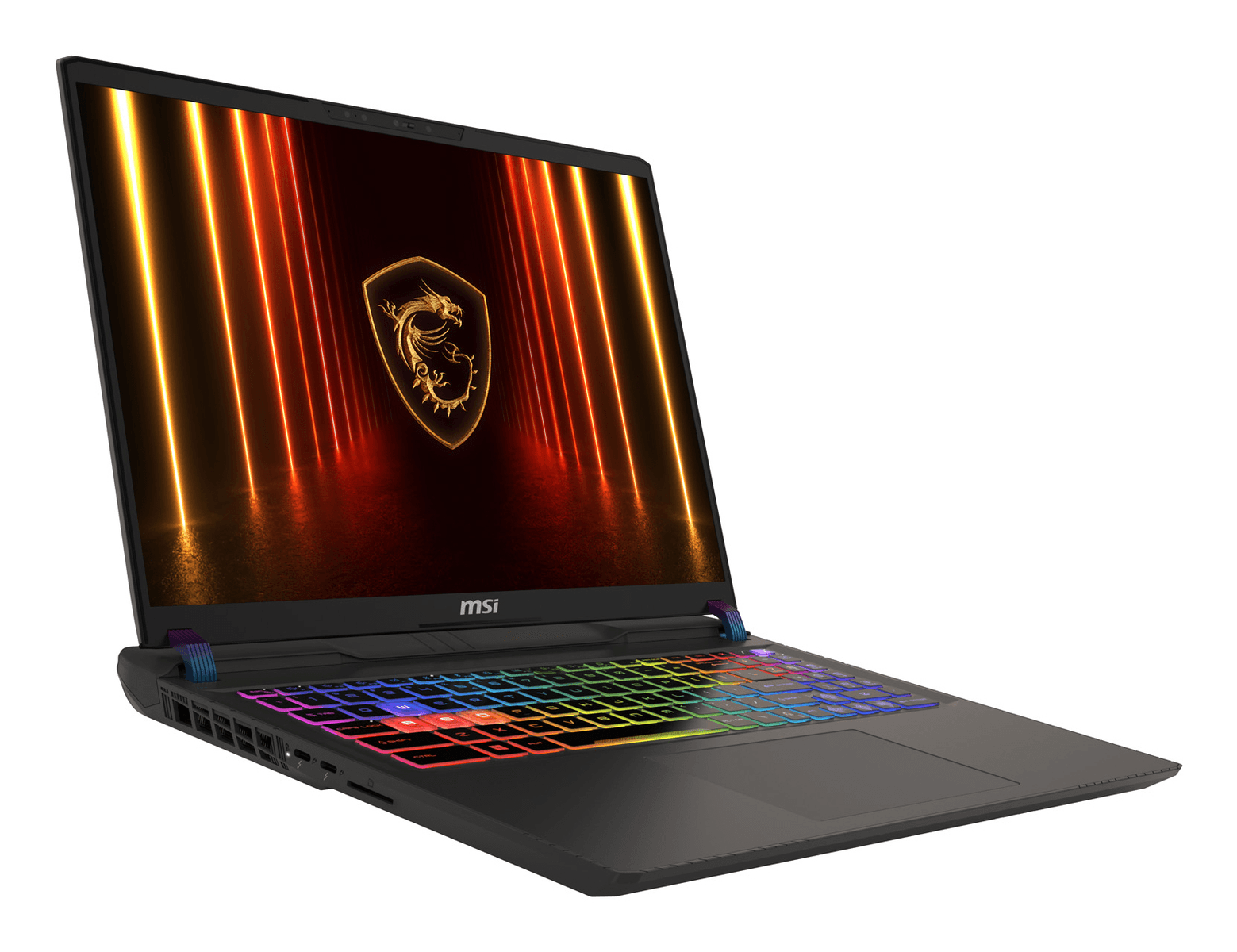 Un portátil negro con teclado retroiluminado y logo de MSI.
