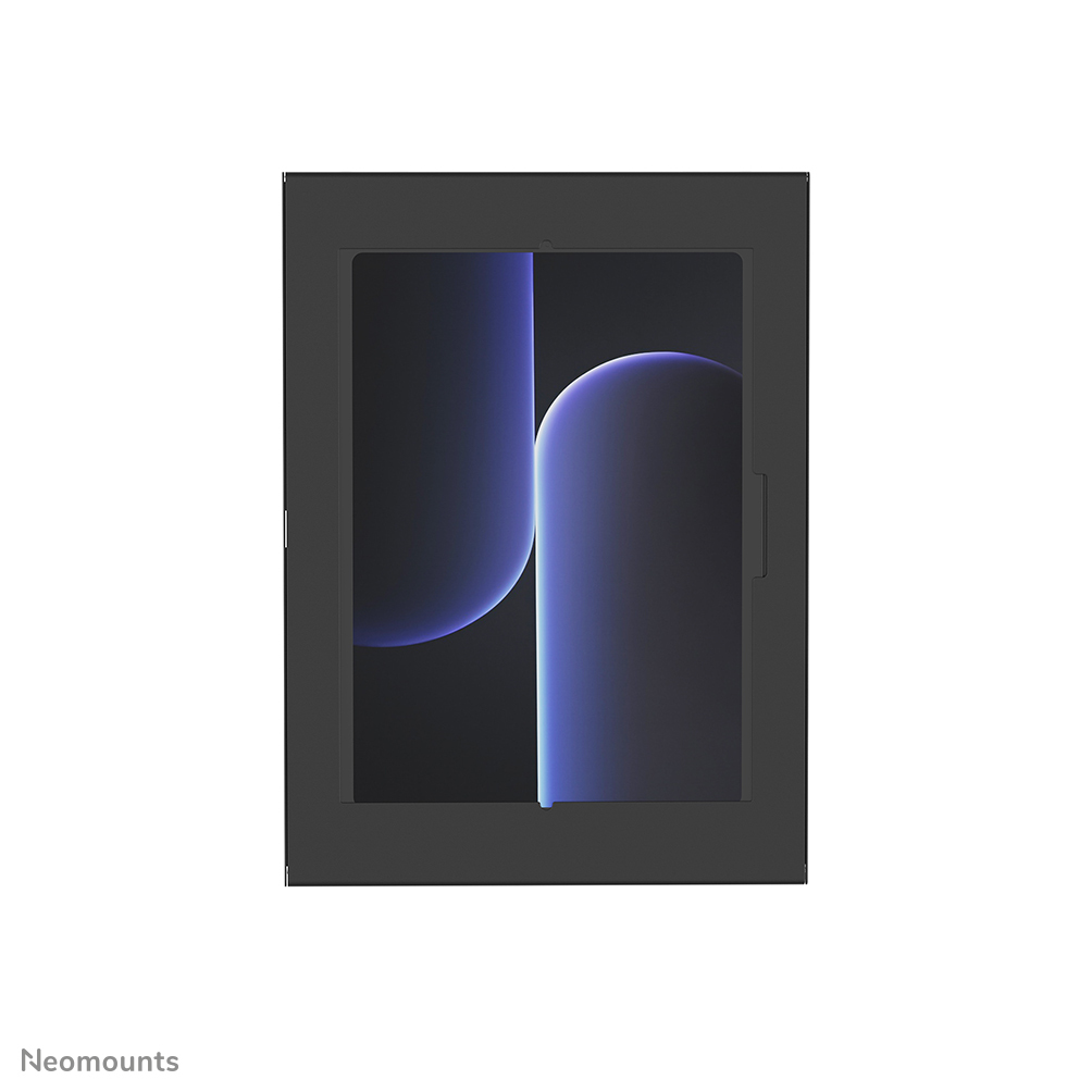 Una cornice nera circonda un display scuro con forme blu arrotondate.