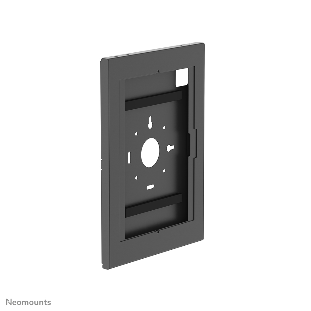 Un supporto a parete nero per tablet con fori di montaggio.