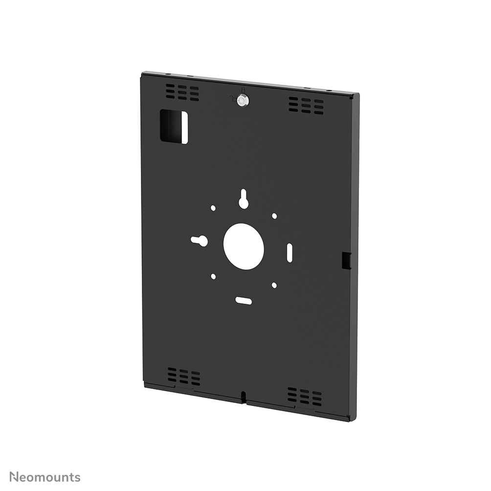 Supporto a parete nero con foro centrale, punti di montaggio e fessure di ventilazione.
