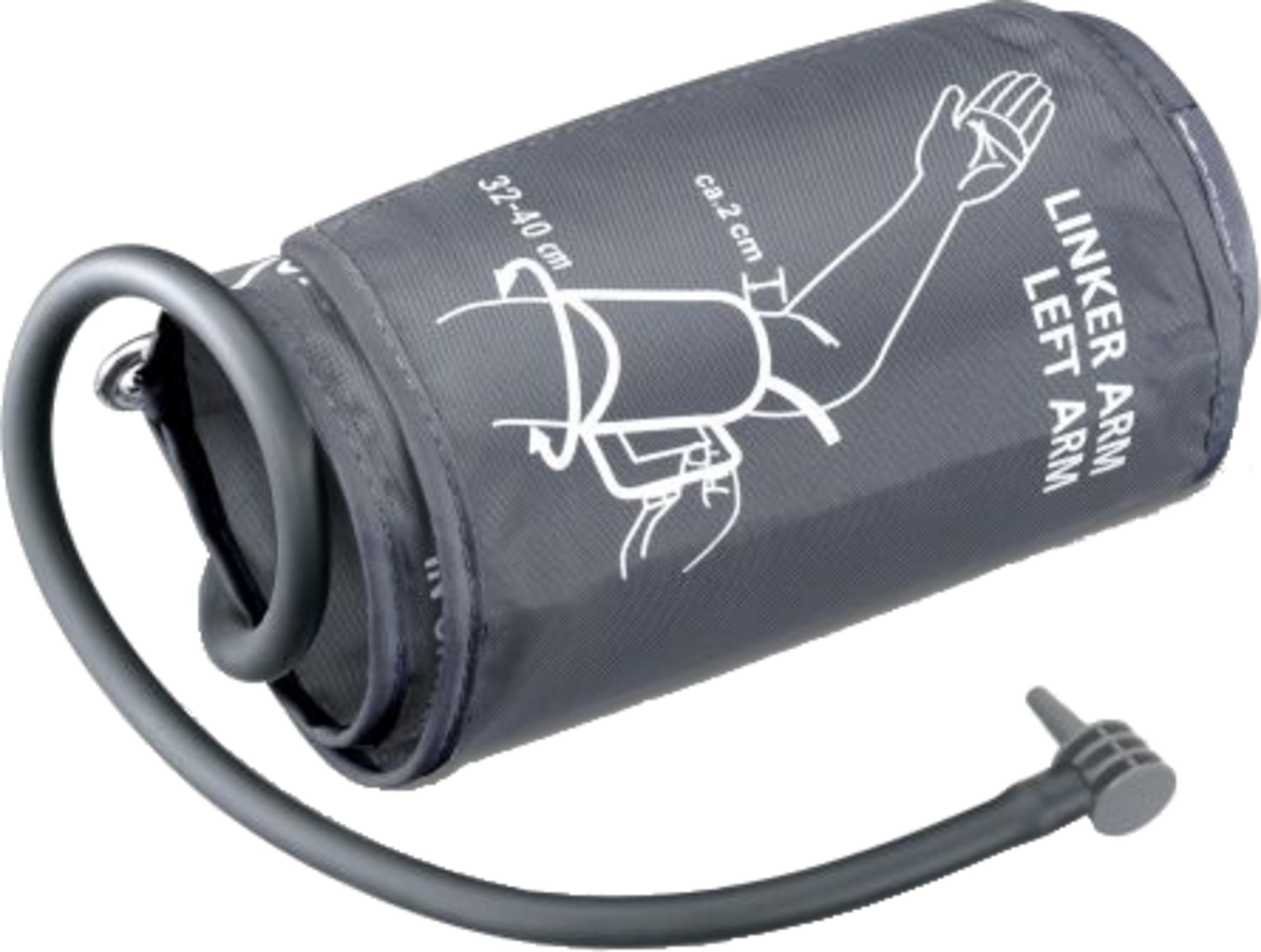 Tubo de manguito de presión arterial gris con marcas para el brazo izquierdo e indicación de tamaño.
