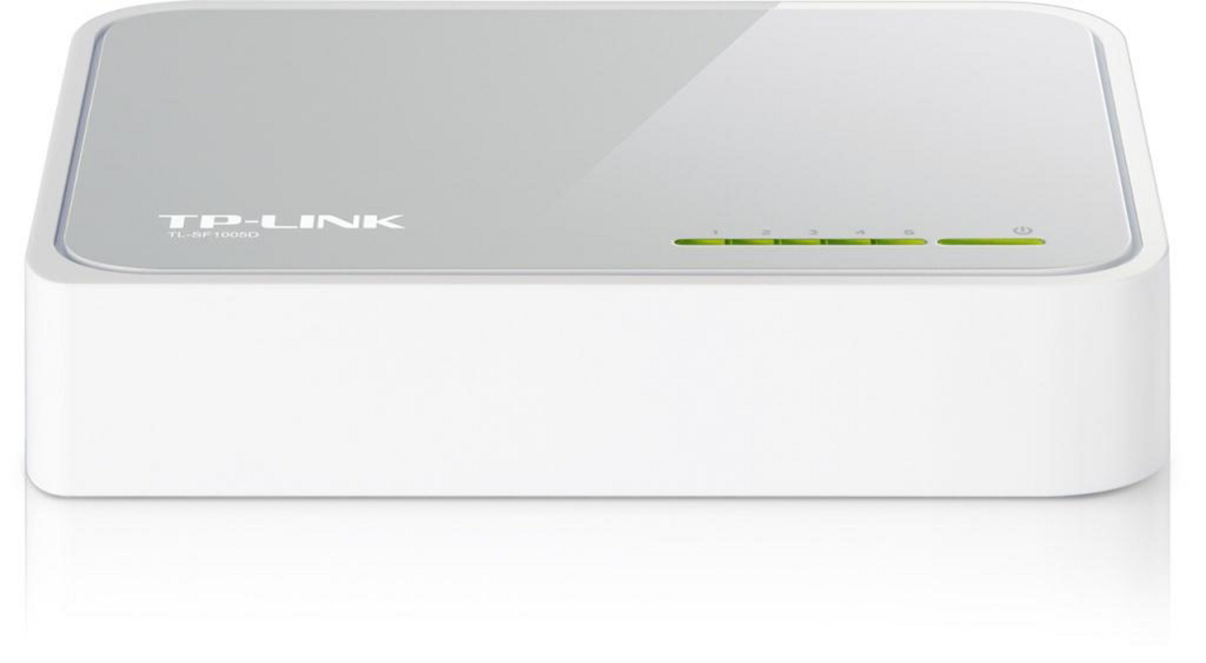 Ein weißer TP-Link TL-SF 1005D Netzwerk-Switch mit grünen LED-Anzeigen.