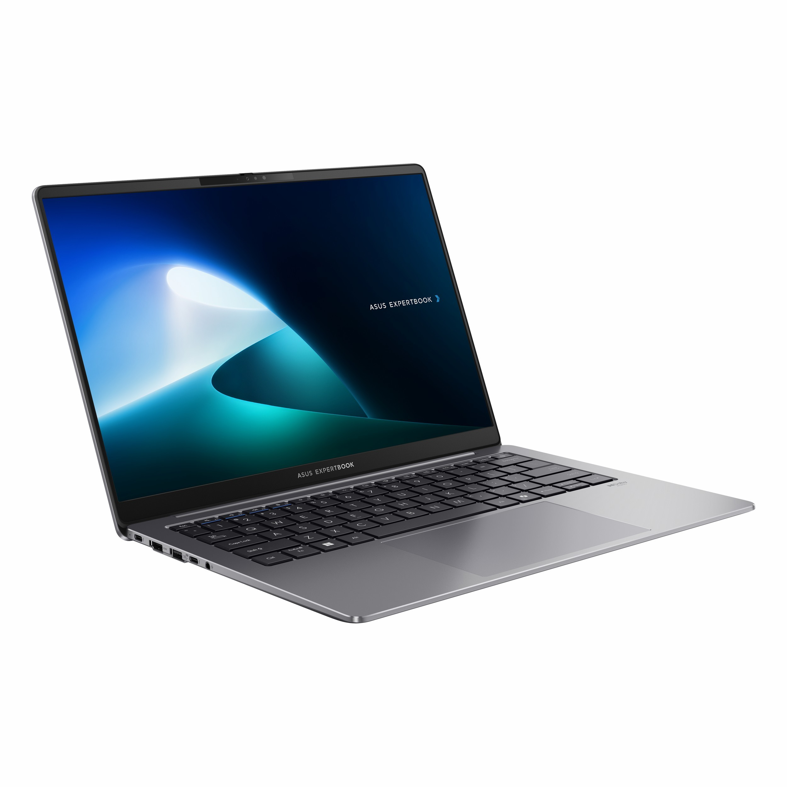 Mavi grafik arka planı gösteren aydınlatılmış ekrana sahip gümüş renkli Asus Expertbook dizüstü bilgisayar.