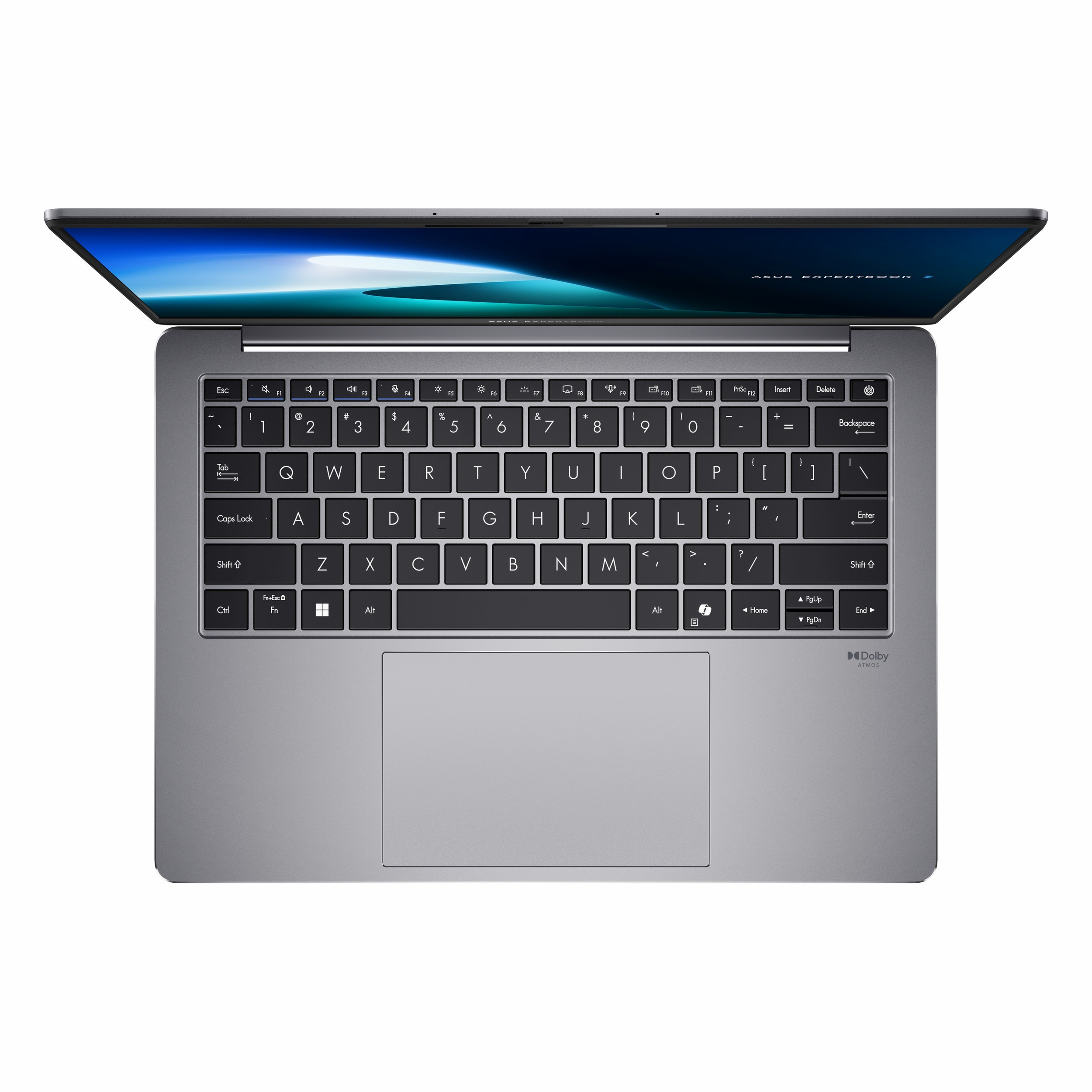 Ekranı ve klavyesi açık gri Asus Expertbook dizüstü bilgisayar.