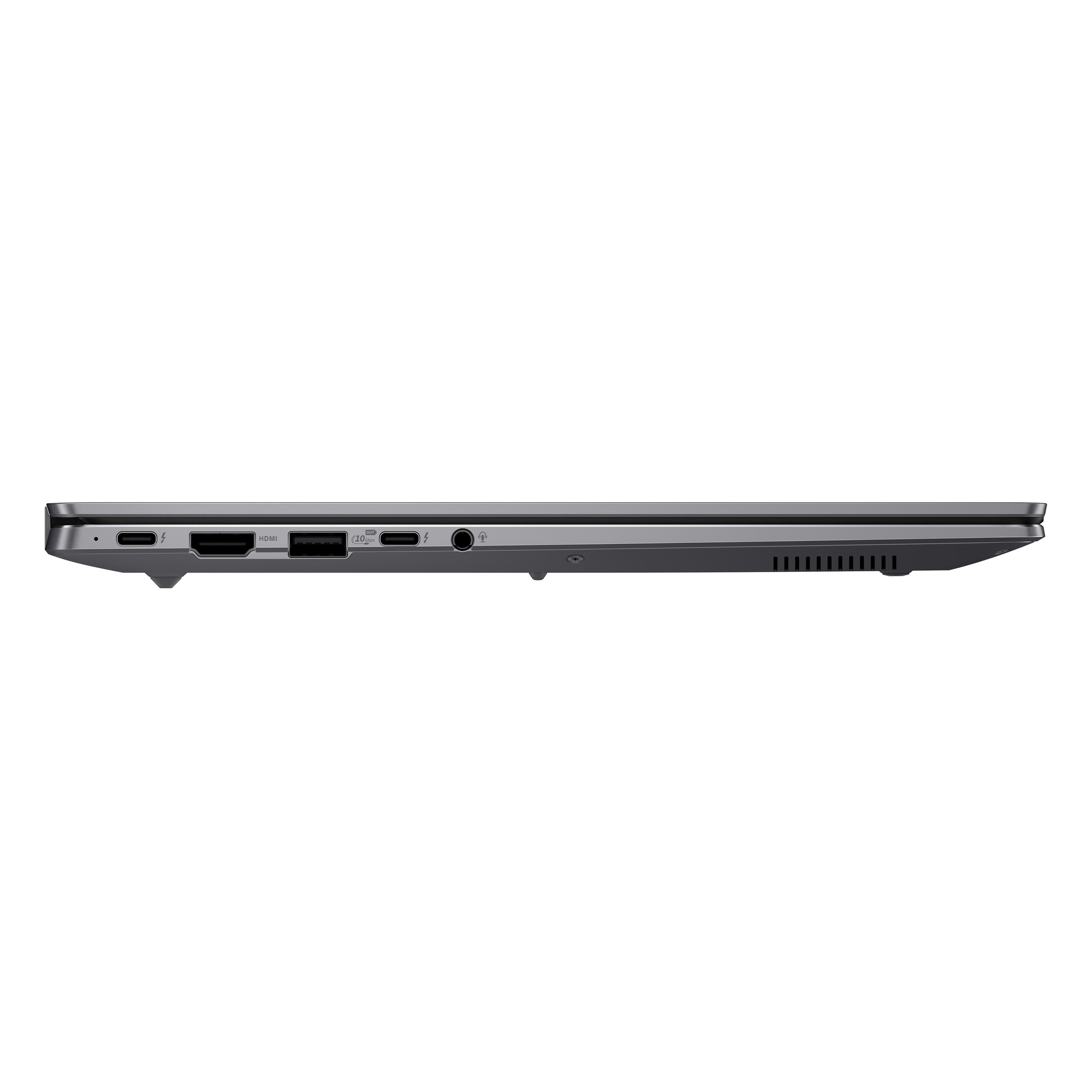 Yan tarafında USB-C, HDMI ve kulaklık jakı bulunan dizüstü bilgisayar.