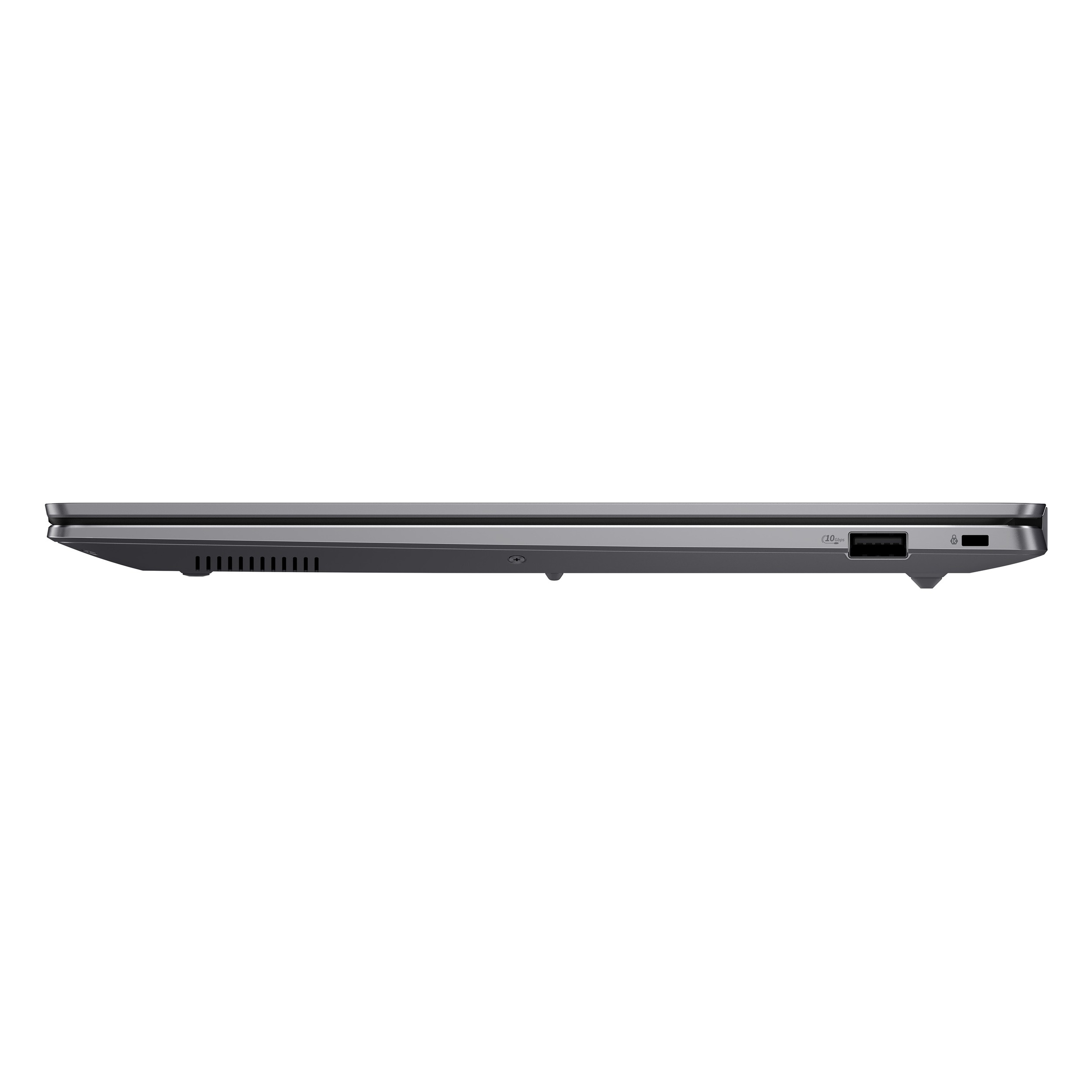 USB-C bağlantı noktası ve havalandırma delikleri olan gri dizüstü profili.
